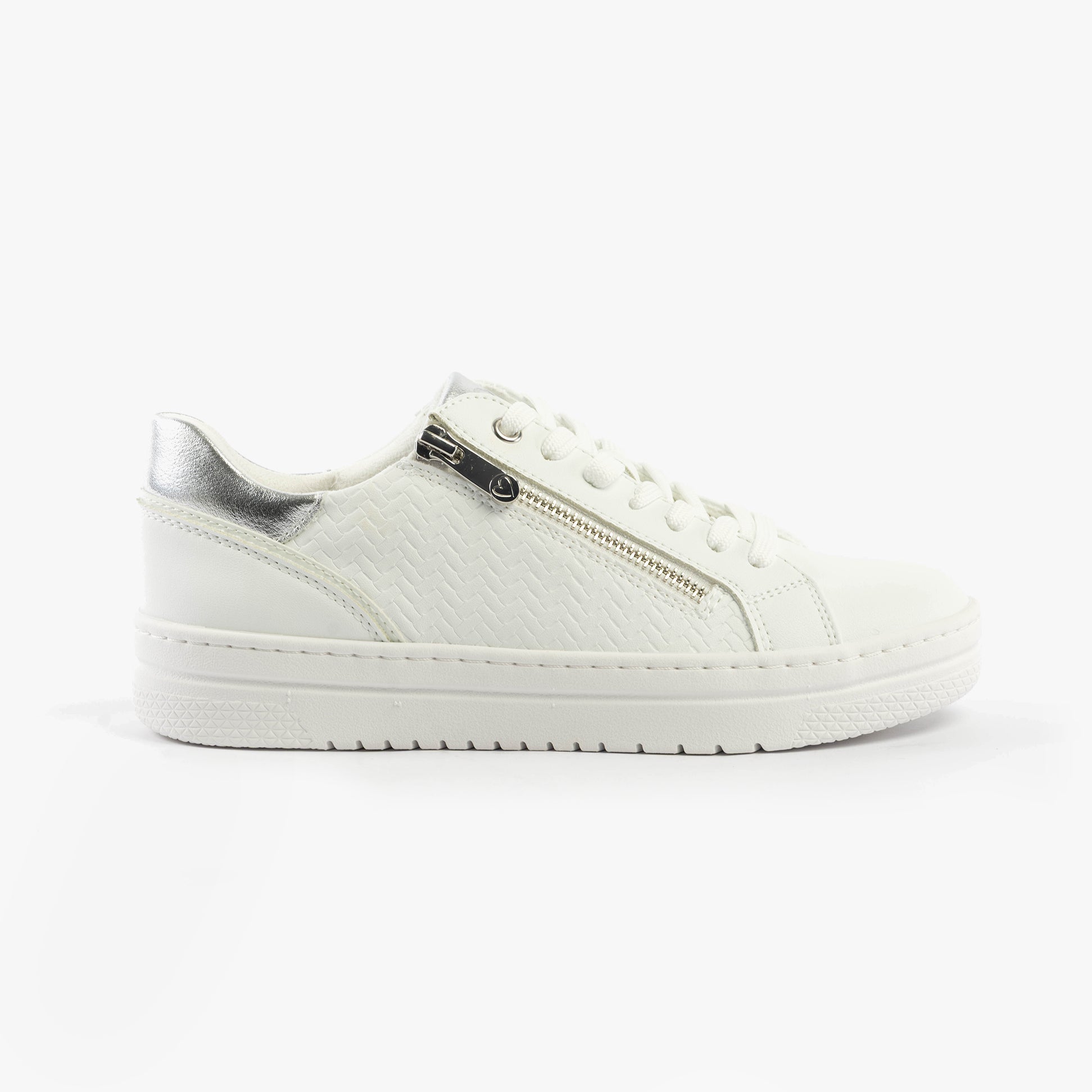 Marco Tozzi 23718-42-197 Womens Shoes White side view with silver detailing, casual trainer style.