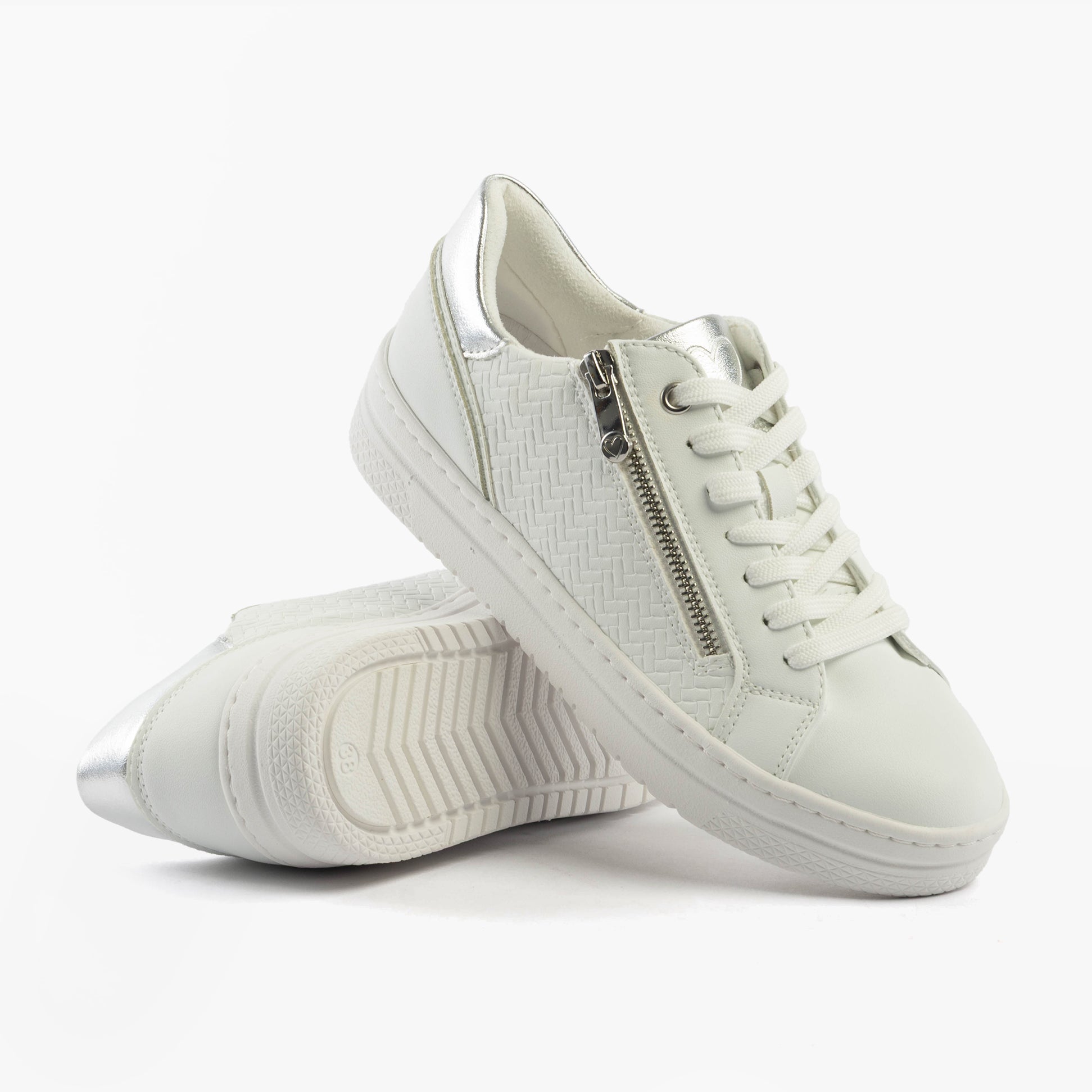 Marco Tozzi 23718-42-197 Womens Shoes White side view with synthetic leather and zipper detail on white trainer.