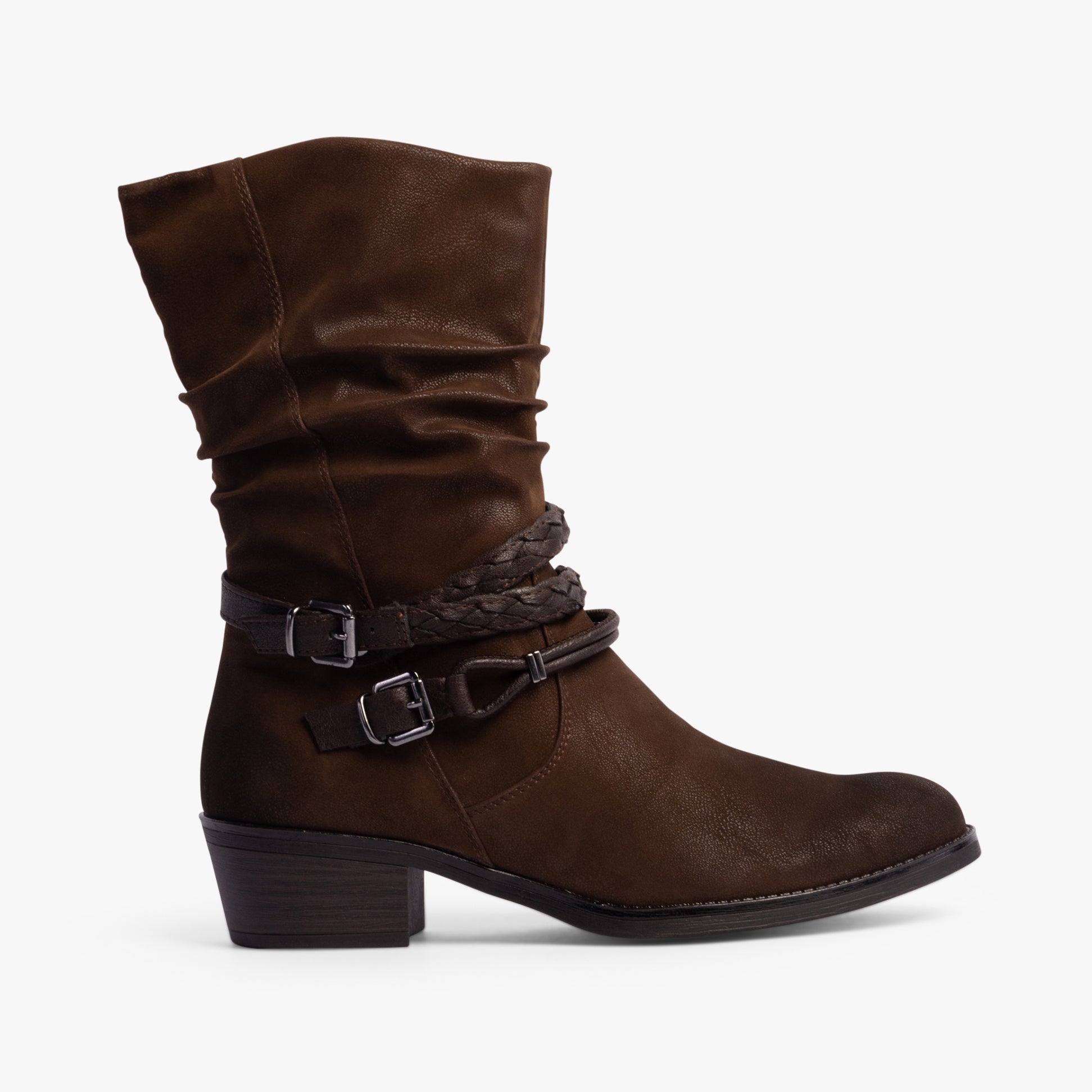 Marco Tozzi 25316-41-307 Womens Boots Cafe Comb side view of brown faux leather ankle boots with block heel and braided detail.