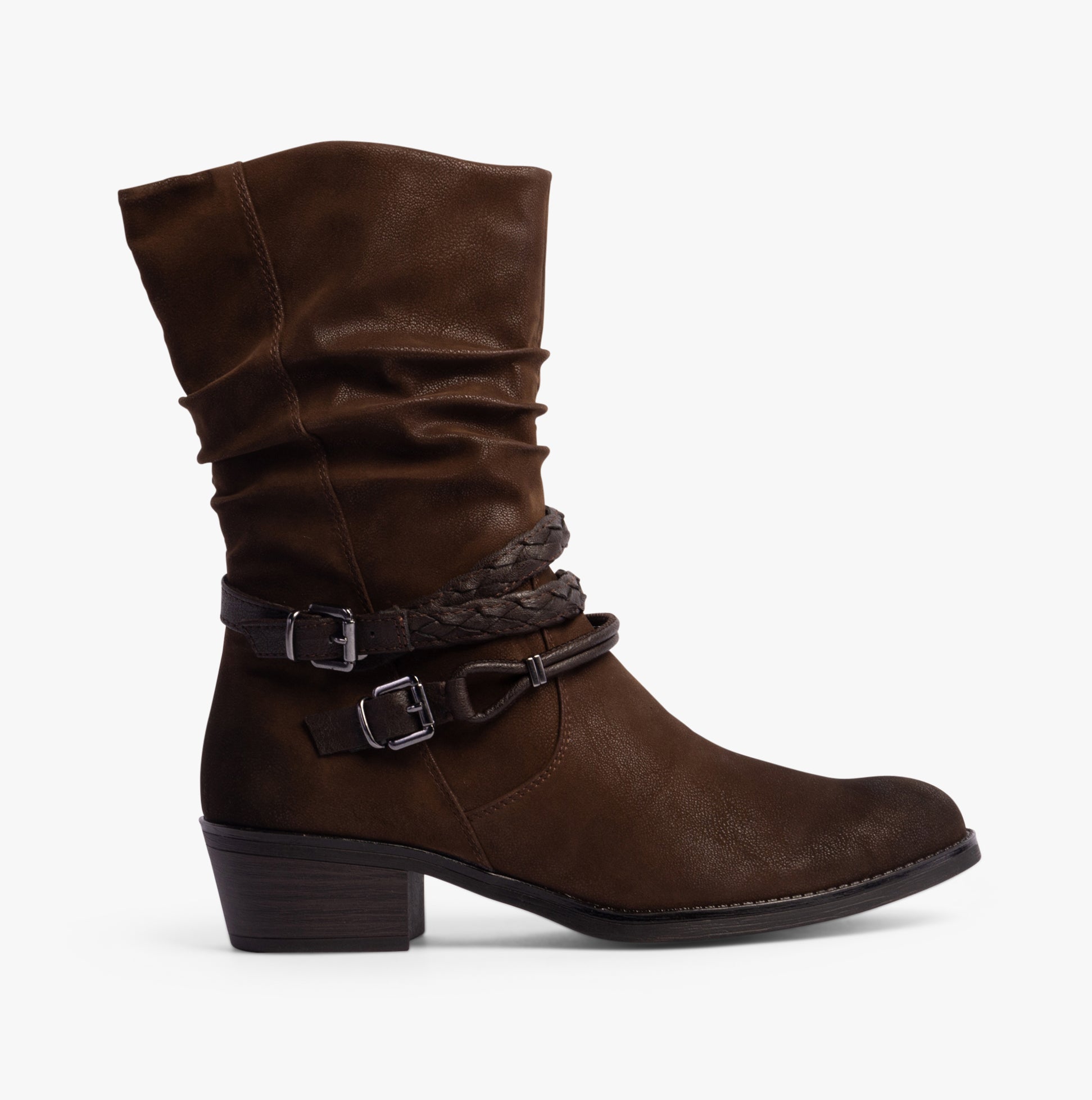 Marco Tozzi 25316-41-307 Womens Boots Cafe Comb side view of brown faux leather ankle boots with block heel and braided detail.