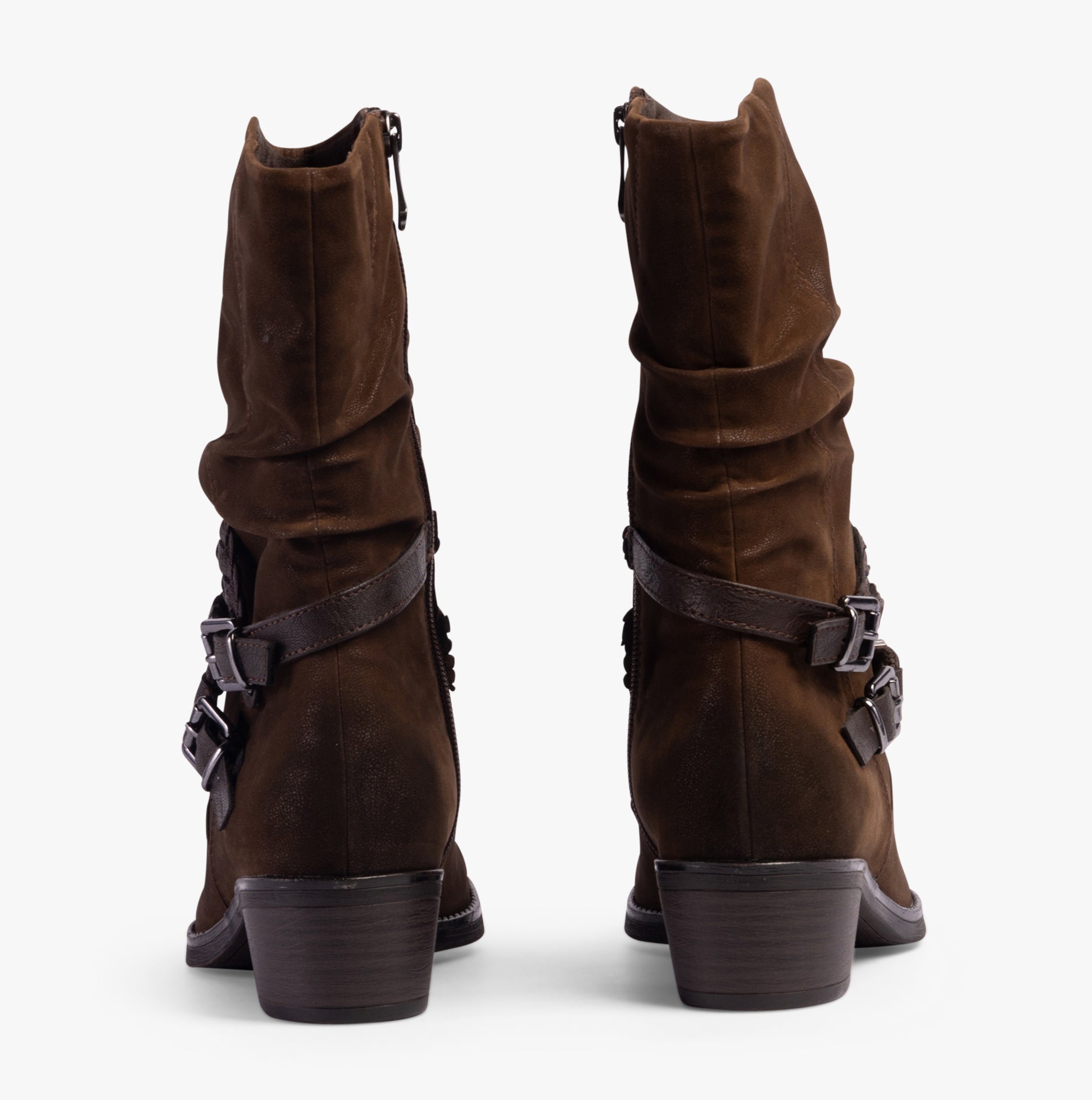 Marco Tozzi 25316-41-307 Womens Boots Cafe Comb back view with slouchy design and buckle details on brown faux leather.