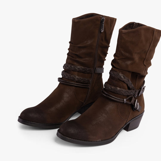 Marco Tozzi 25316-41-307 Womens Boots Cafe Comb side view showing faux leather upper and block heel.