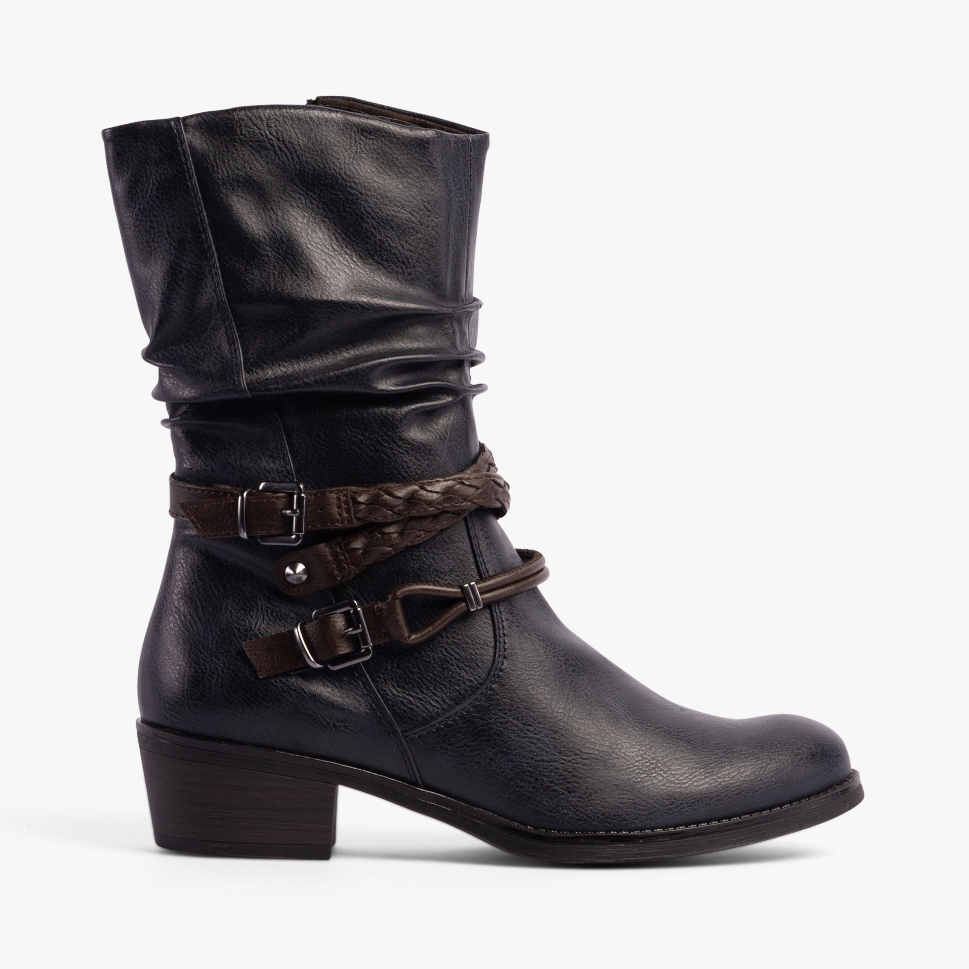 Marco Tozzi 25316-41-890 Womens Boots Navy Comb side view showcasing faux leather, block heel, and braided strap detail.
