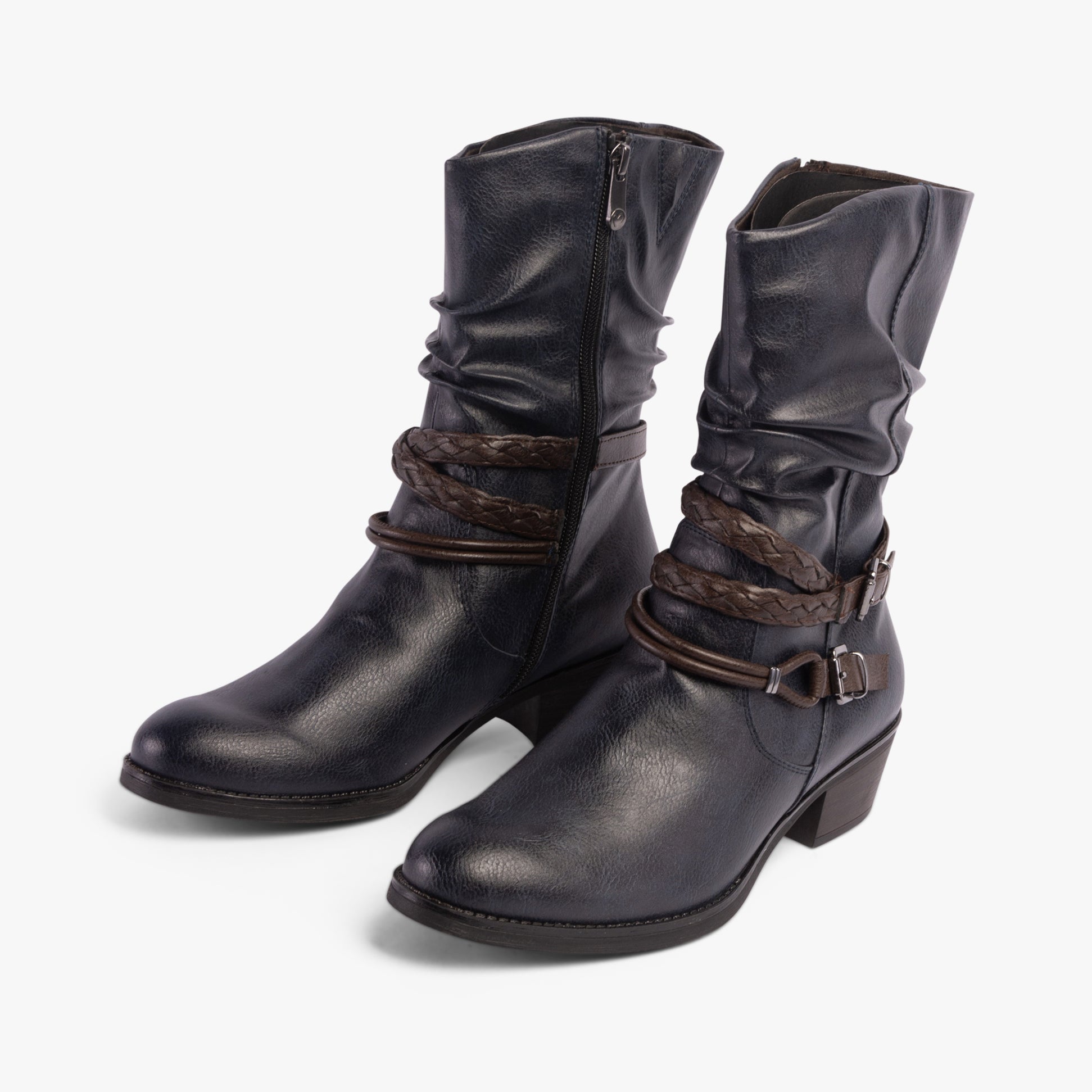Marco Tozzi 25316-41-890 Womens Boots Navy Comb side view showing faux leather material and braided straps.