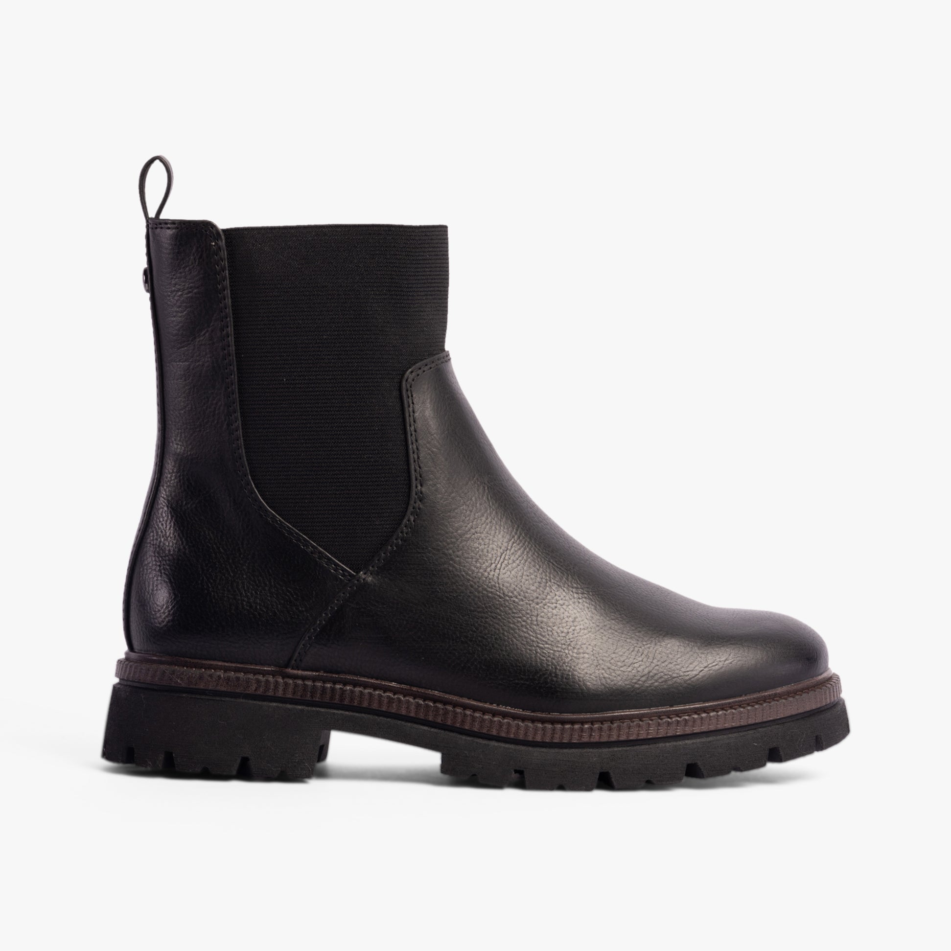 Marco Tozzi 25416-43-001 Womens Boots Black side view showcasing Chelsea style with faux leather and block heel.