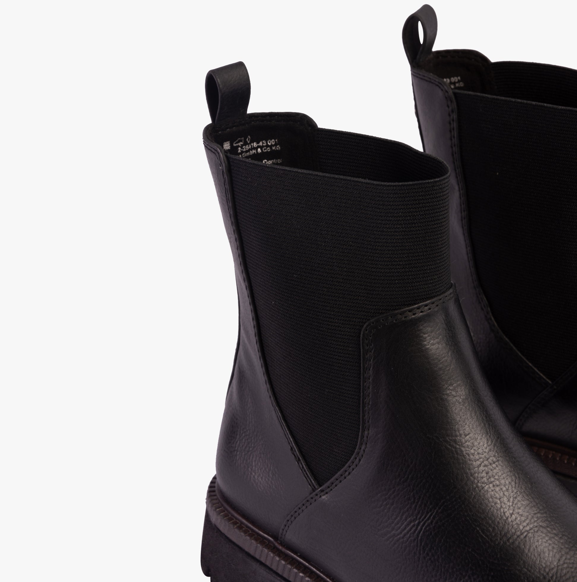 Marco Tozzi 25416-43-001 Womens Boots Black side view showcasing faux leather and elastic panel detail.
