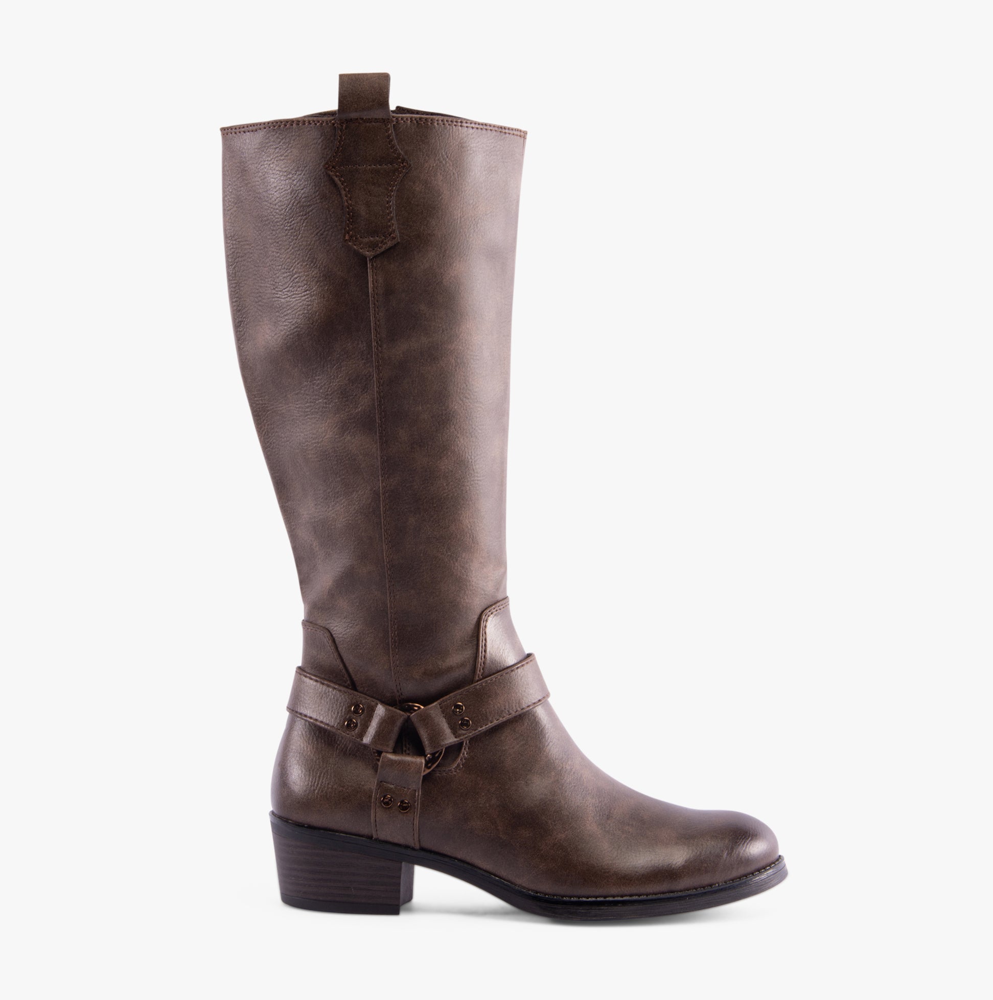 Marco Tozzi 25503-43-361 Womens Boots Cafe side view tall faux leather mid-calf boots with block heel.