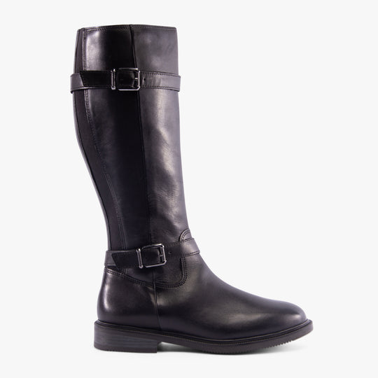 Marco Tozzi 25520-43-001 Womens Boots Black side view with tall faux leather design and buckle detailing.