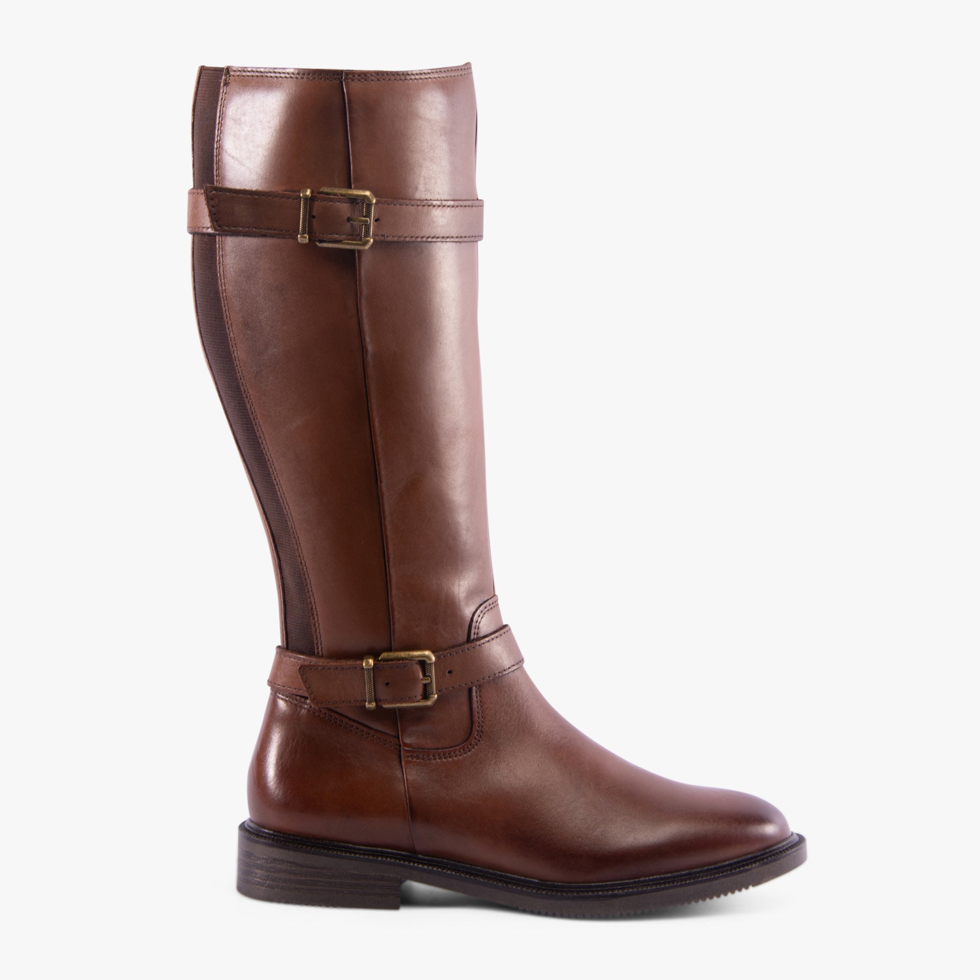 Marco Tozzi 25520-43-392 Womens Boots Cognac Comb side view of tall faux leather boots with buckle accents.