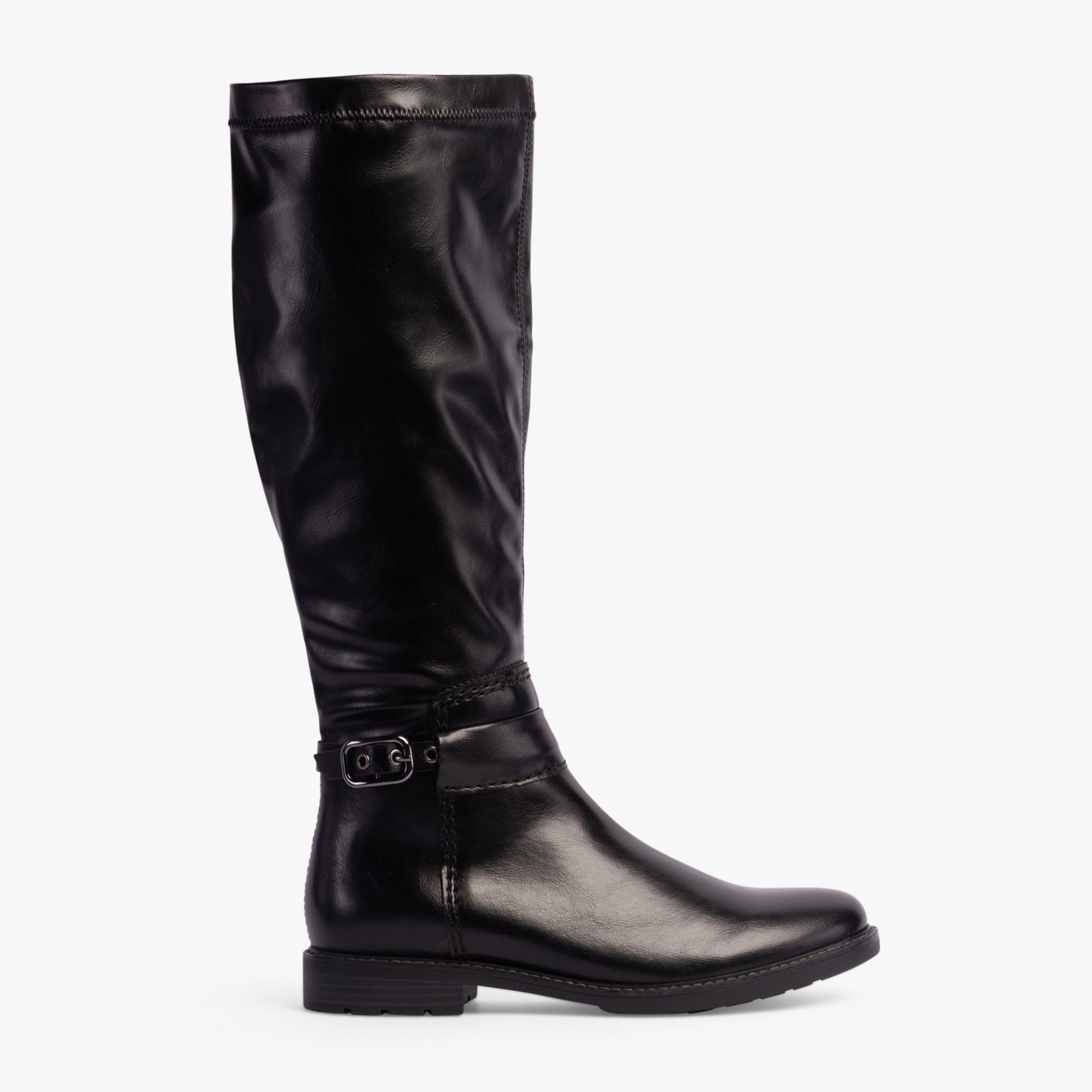 Marco Tozzi 25561-43-001 Womens Boots Black side view showcasing tall faux leather design and block heel.