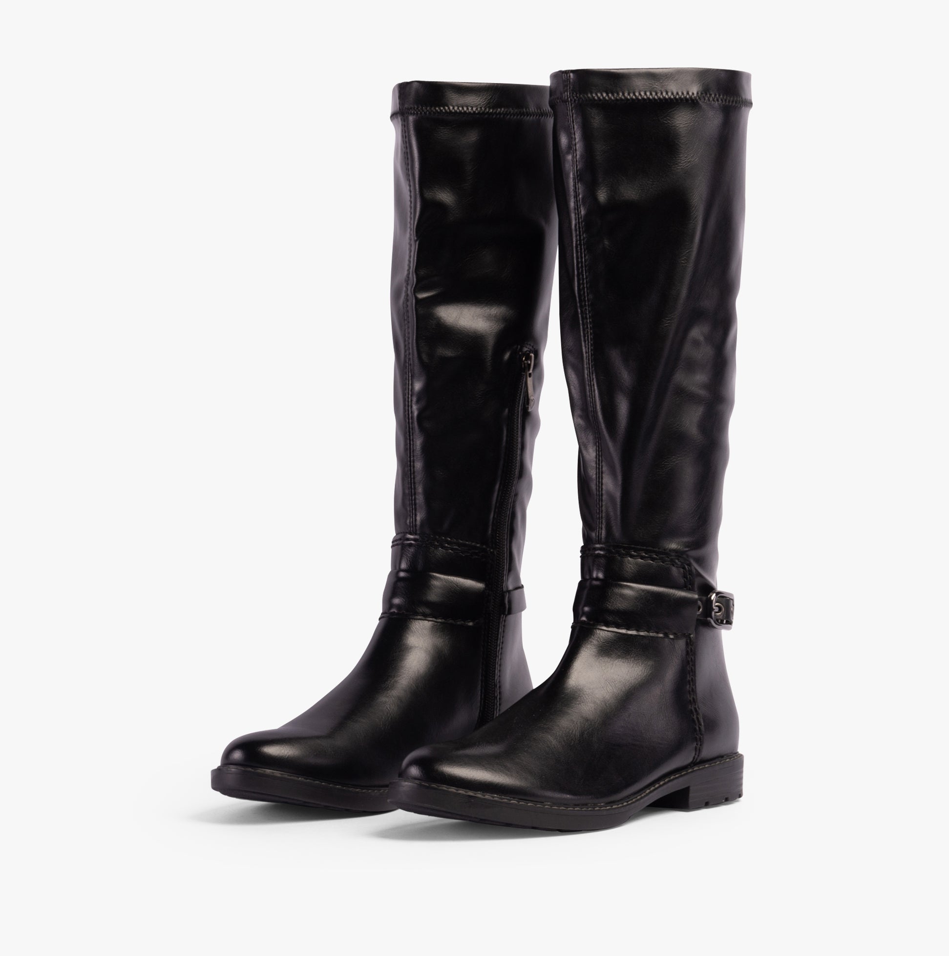 Marco Tozzi 25561-43-001 Womens Boots Black, side view showcasing tall knee-high faux leather design.