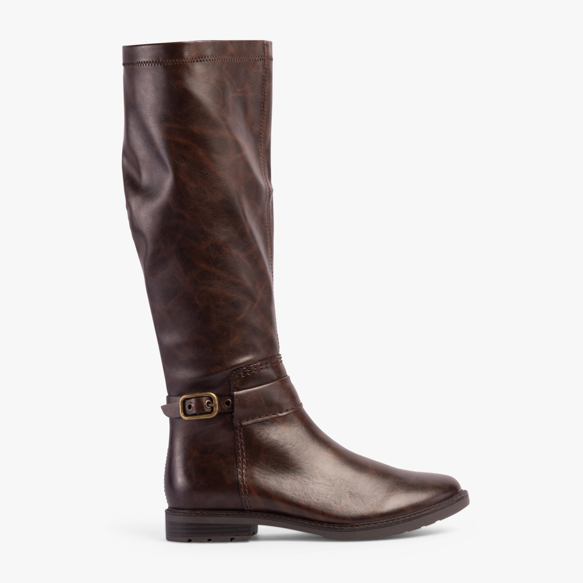 Marco Tozzi 25561-43-361 Ladies Boots Cafe side view of tall faux leather knee-high boots with block heel.
