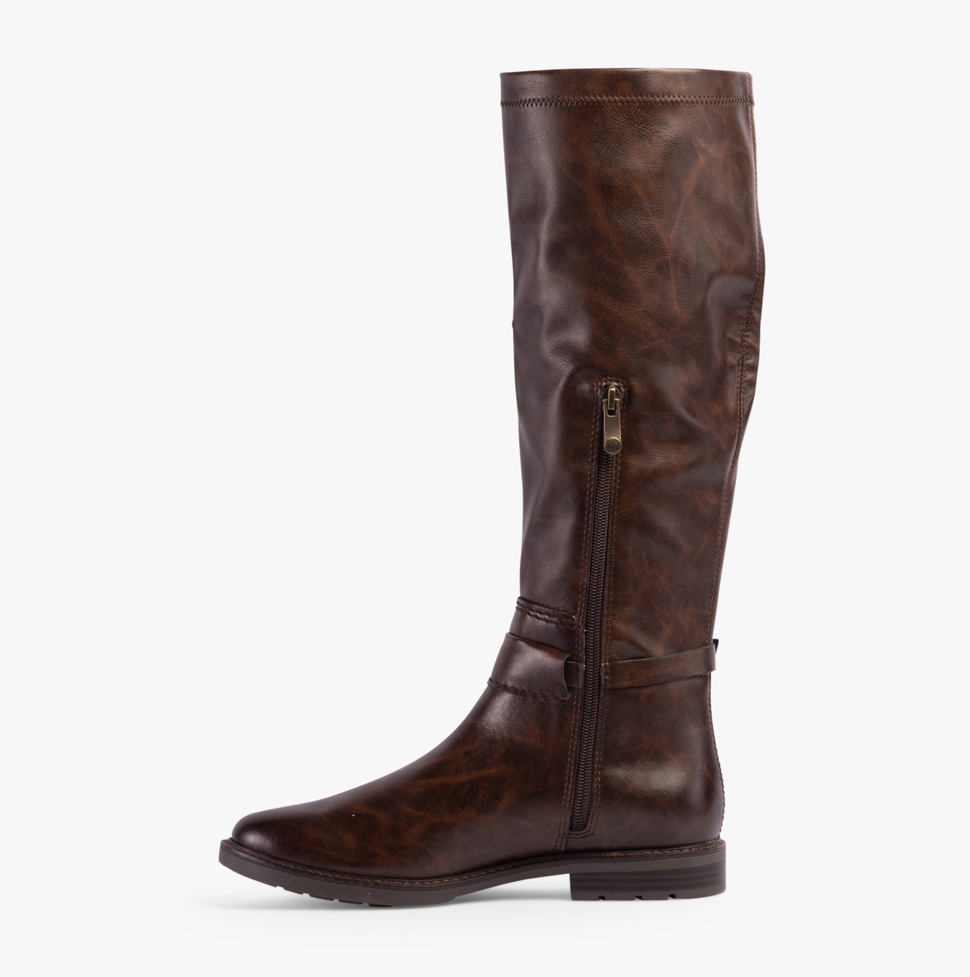 Marco Tozzi 25561-43-361 Ladies Boots Cafe side view tall knee-high faux leather boots in dark brown with zip closure.