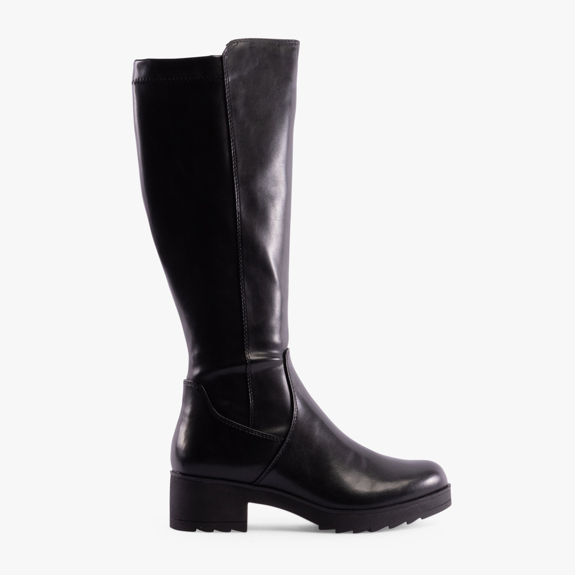 Marco Tozzi 25606-41-001 Womens Boots Black side view showcasing tall faux leather design and block heel.