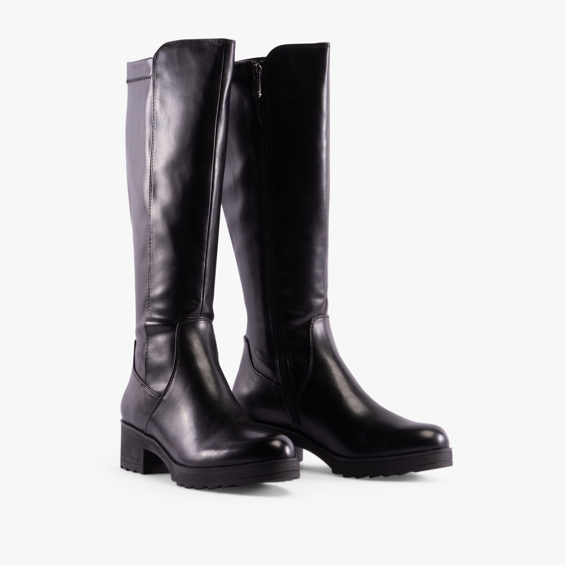 Marco Tozzi 25606-41-001 Womens Boots Black side view showcasing tall faux leather design and block heel.