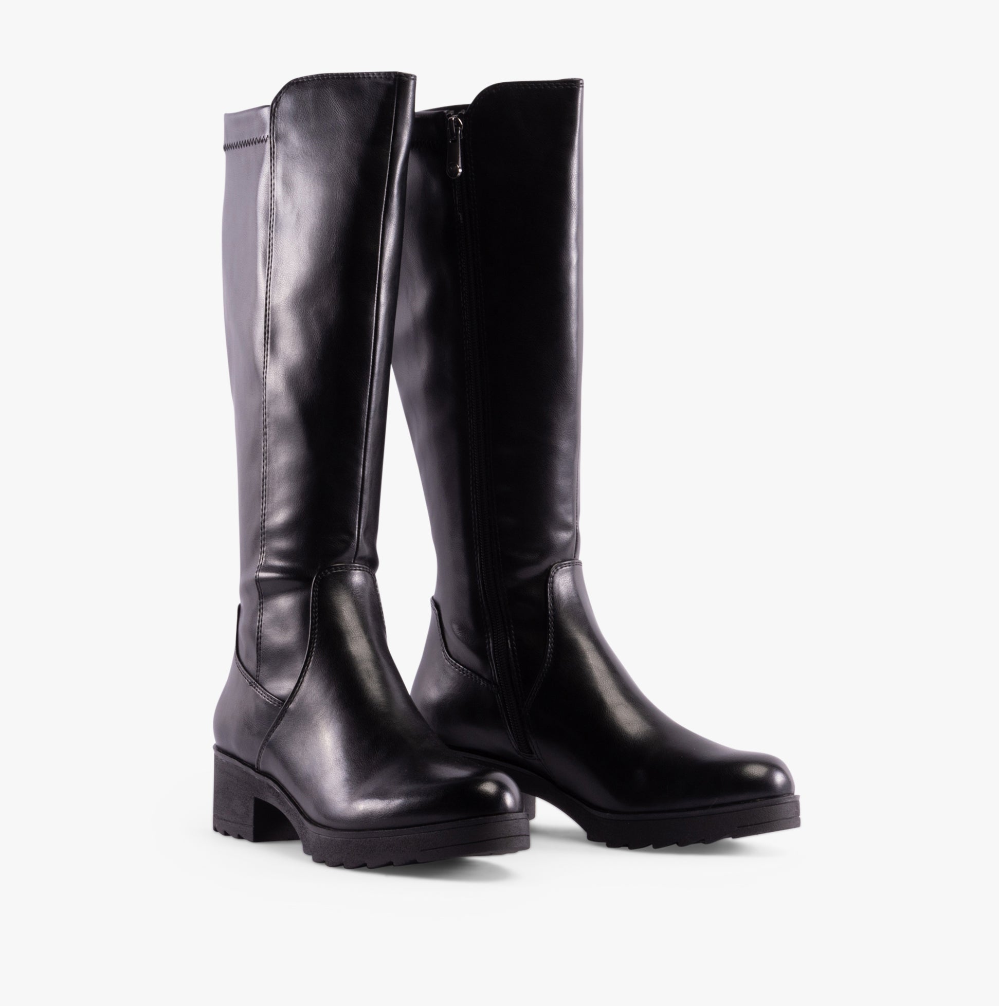 Marco Tozzi 25606-41-001 Womens Boots Black side view showcasing tall faux leather design and block heel.