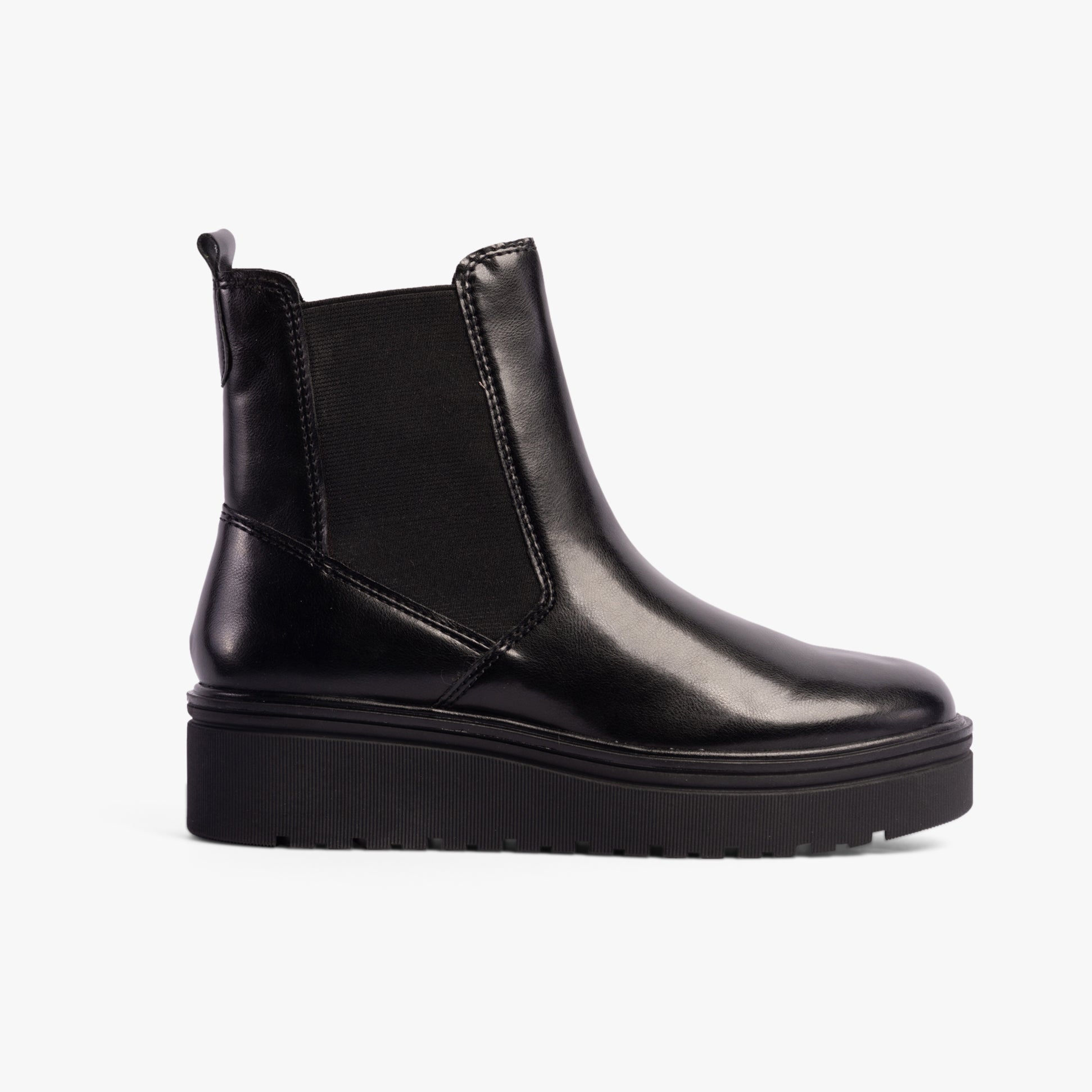 Marco Tozzi 25807-43-001 Ladies Boots Black side view showcasing faux leather upper and platform sole.