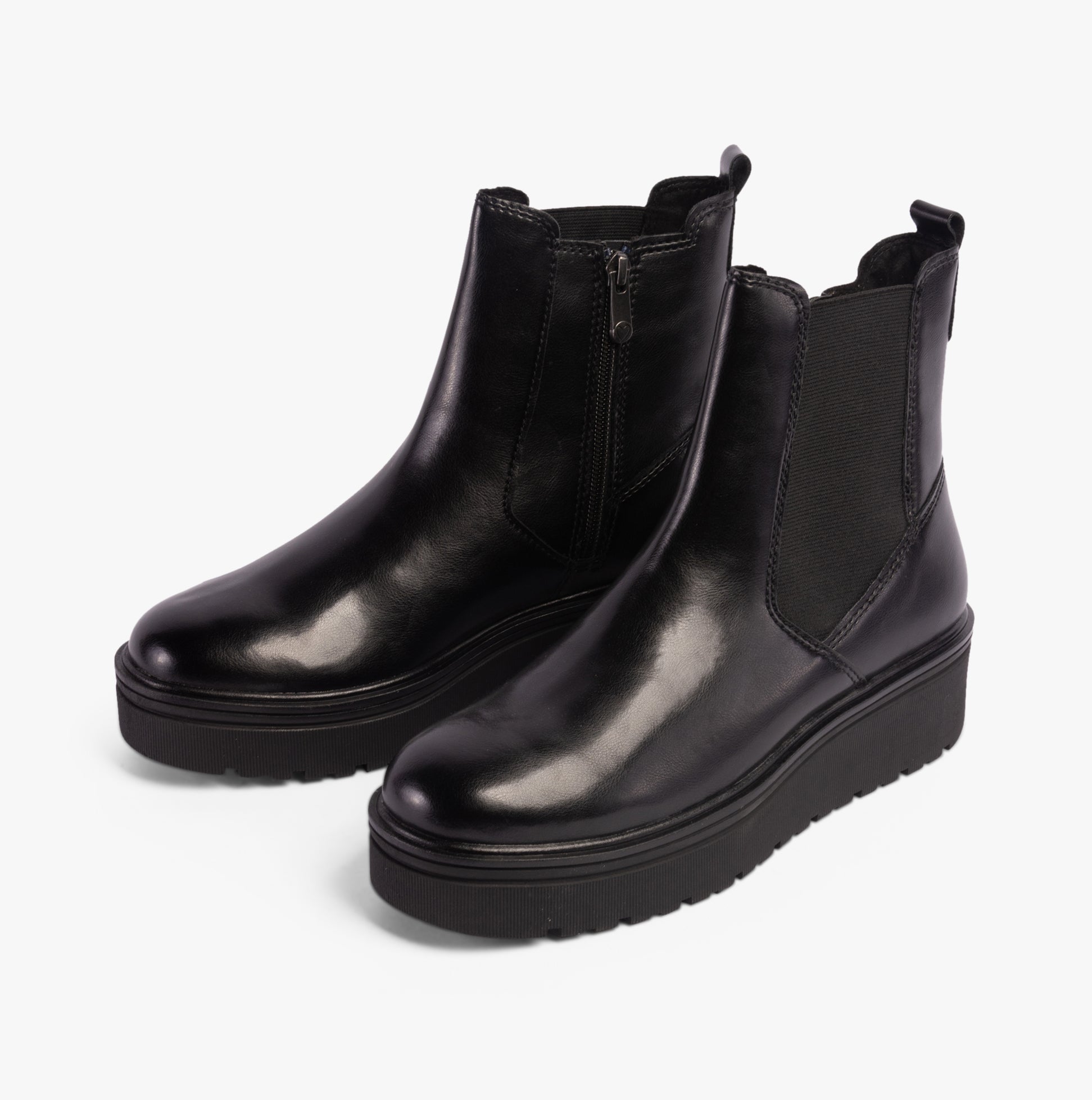 Marco Tozzi 25807-43-001 Ladies Boots Black side view. Stylish Chelsea boots with faux leather upper and platform sole.