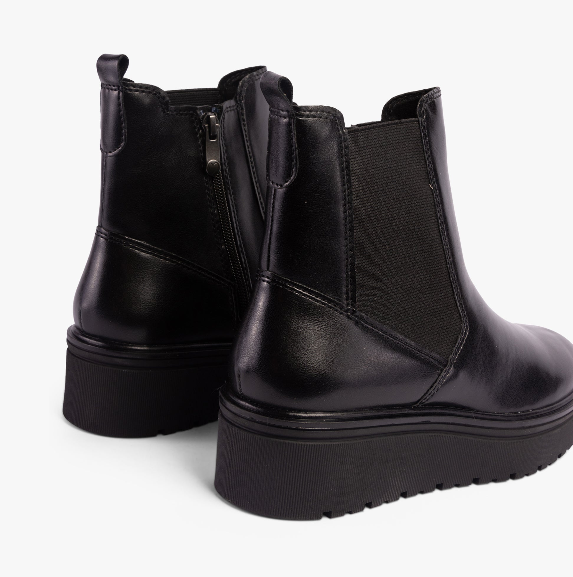 Marco Tozzi 25807-43-001 Ladies Boots Black rear view showing side elastic panel and platform sole.