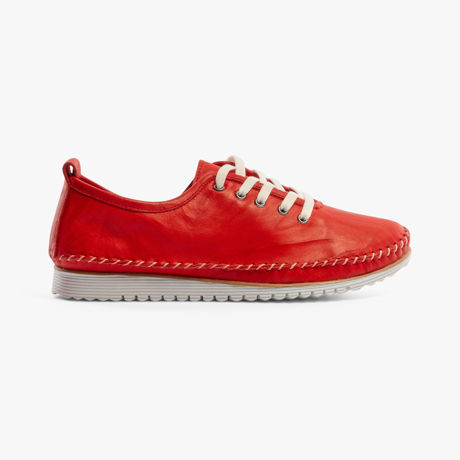 Mod Comfys L988D 5-Eye Lace Womens Leather Shoes Red side view with lace-up closure and round toe.