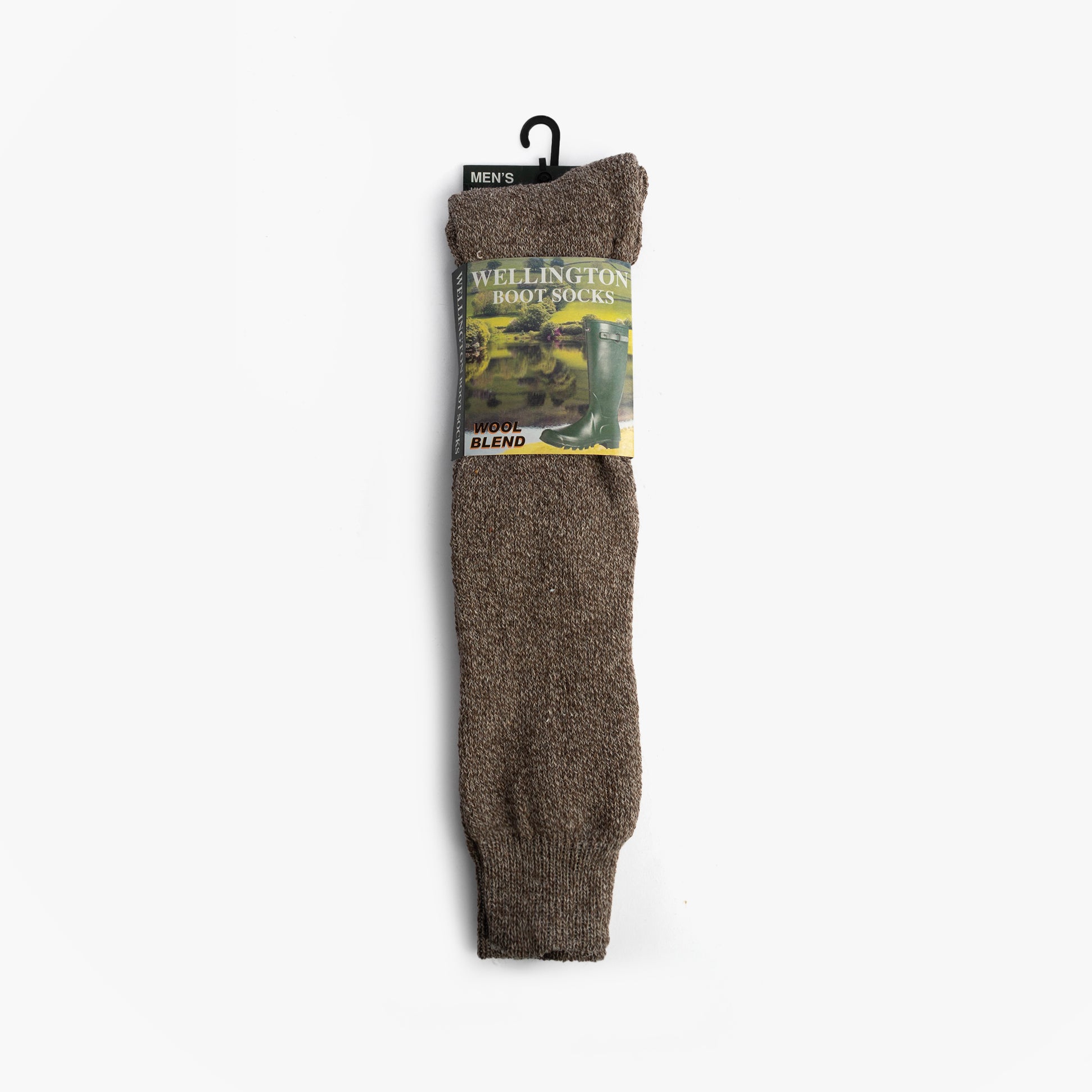 Mud Dogs Mens Welly Boot Socks Beige front view, wool blend material with packaging.