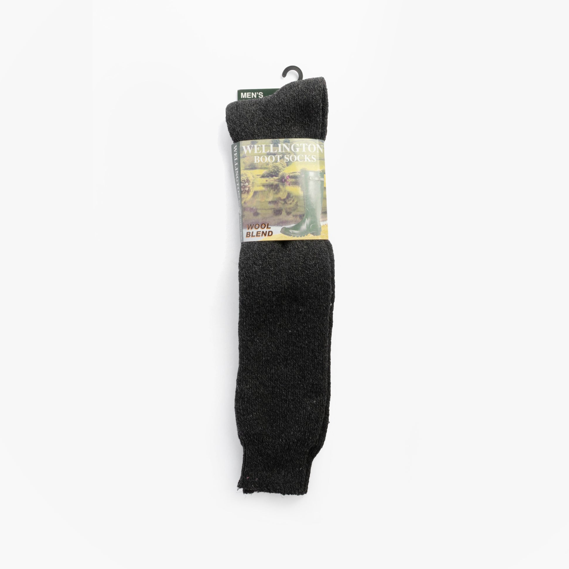 Mud Dogs Mens Welly Boot Socks Black front view showing wool blend material and packaging.