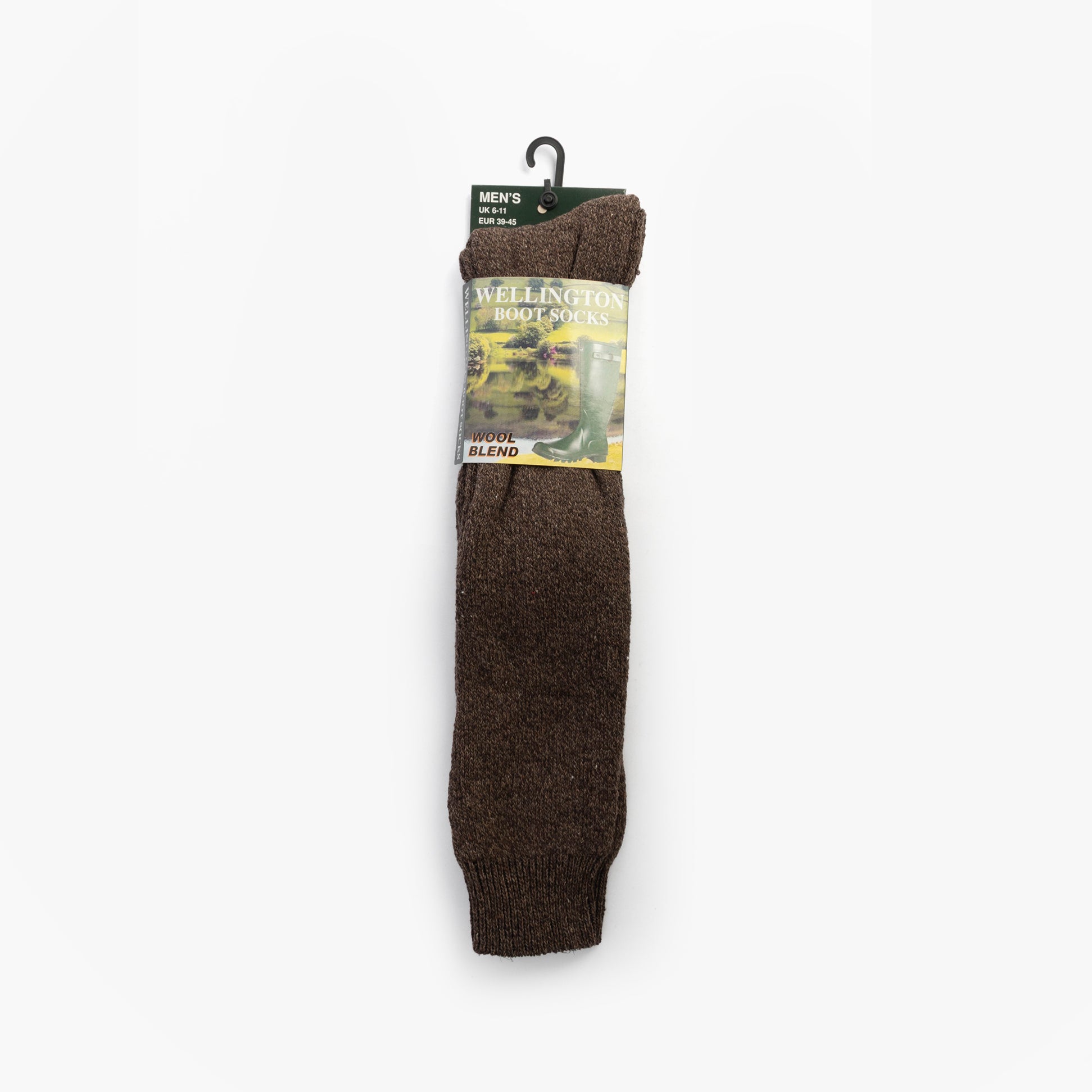 Mud Dogs Mens Welly Boot Socks Brown, front view showcasing wool blend material and packaging details.