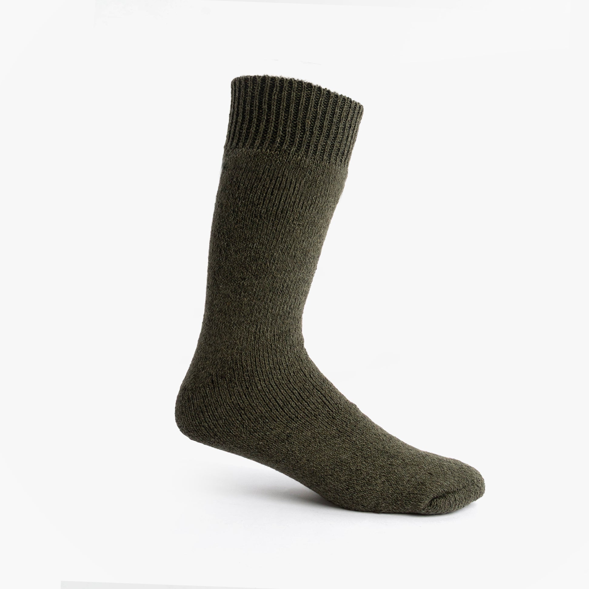 Mud Dogs Mens Welly Boot Socks Olive Green side view showing texture and color, wool blend, single item.