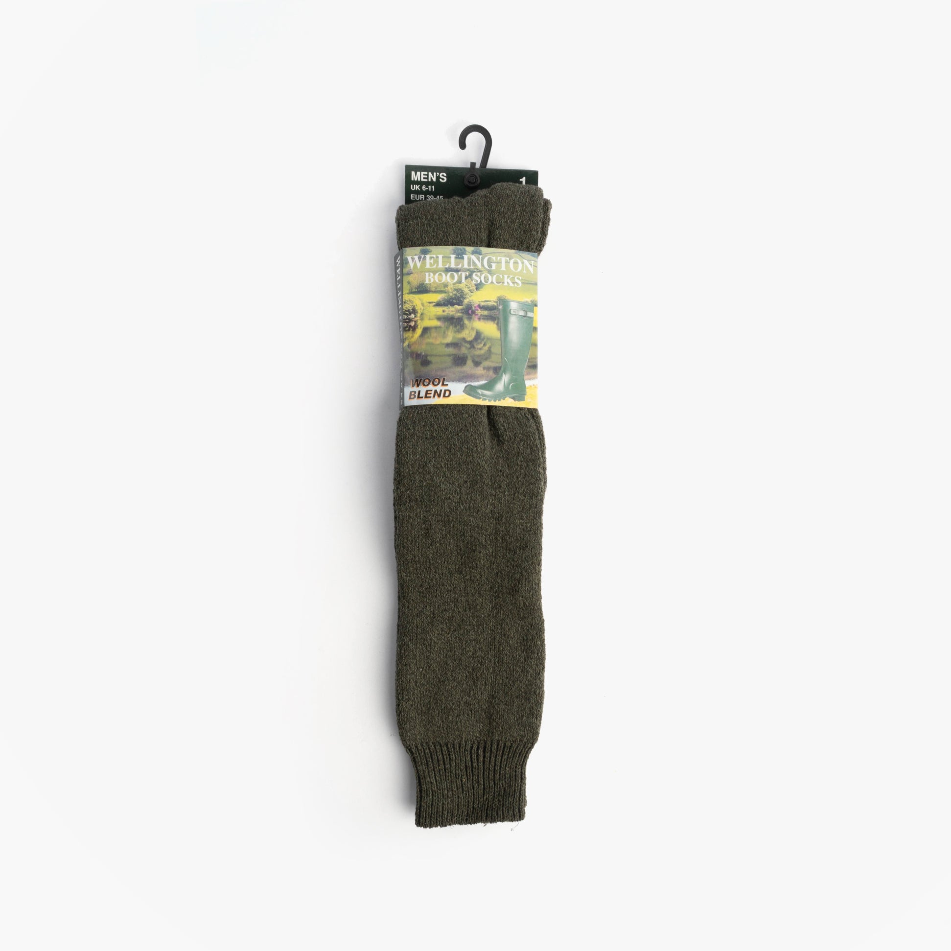 Mud Dogs Mens Welly Boot Socks Olive Green front view with packaging displayed.