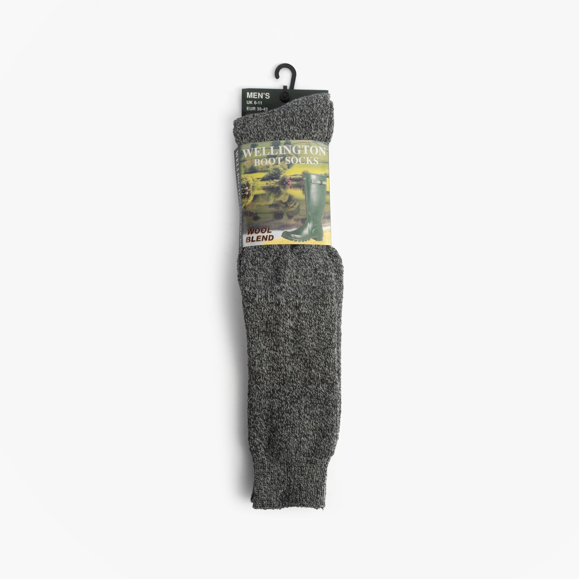 Mud Dogs Mens Welly Boot Socks Grey, front view showcasing wool blend construction and label.