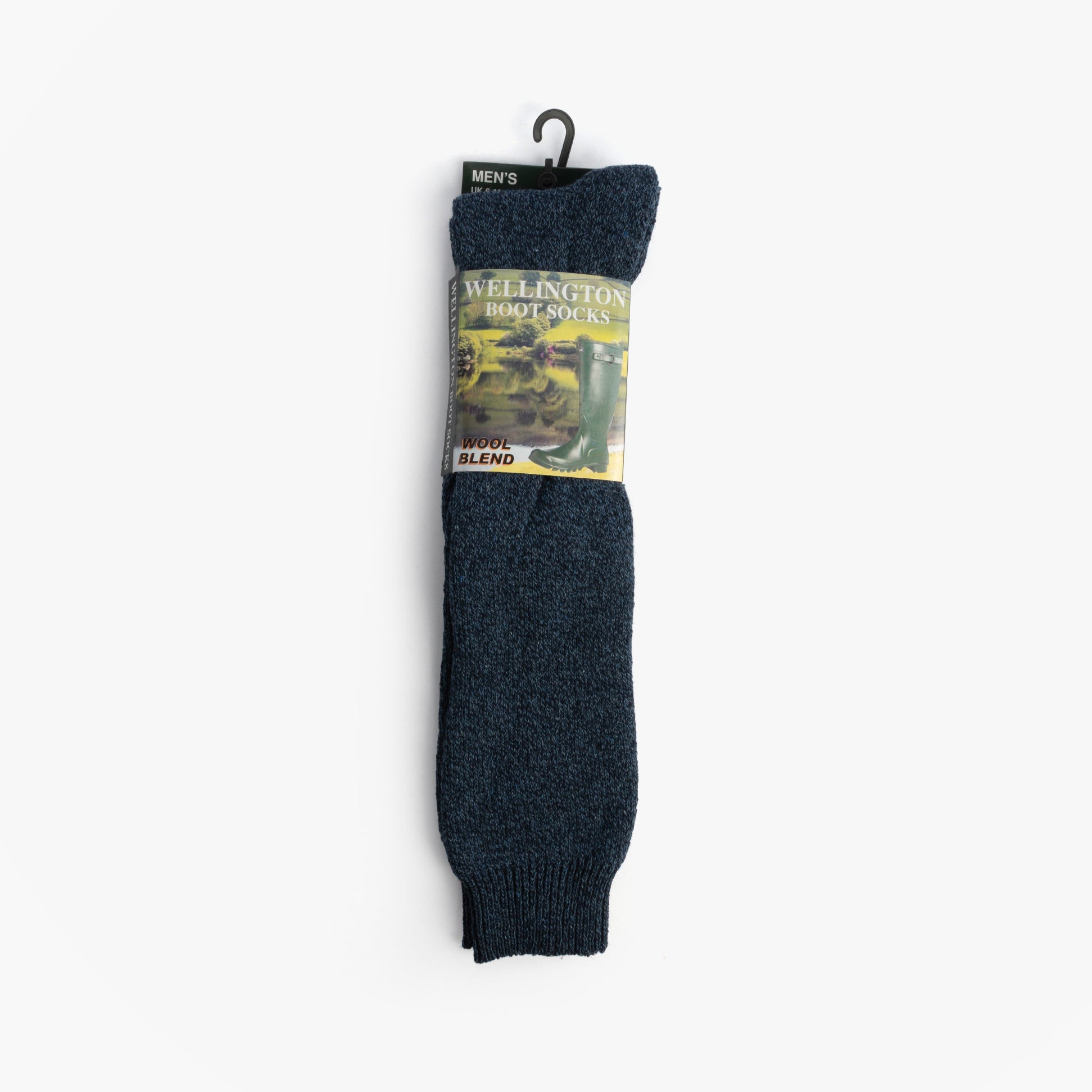 Mud Dogs Mens Welly Boot Socks Navy front view, wool blend material, single pack, essential for comfort.