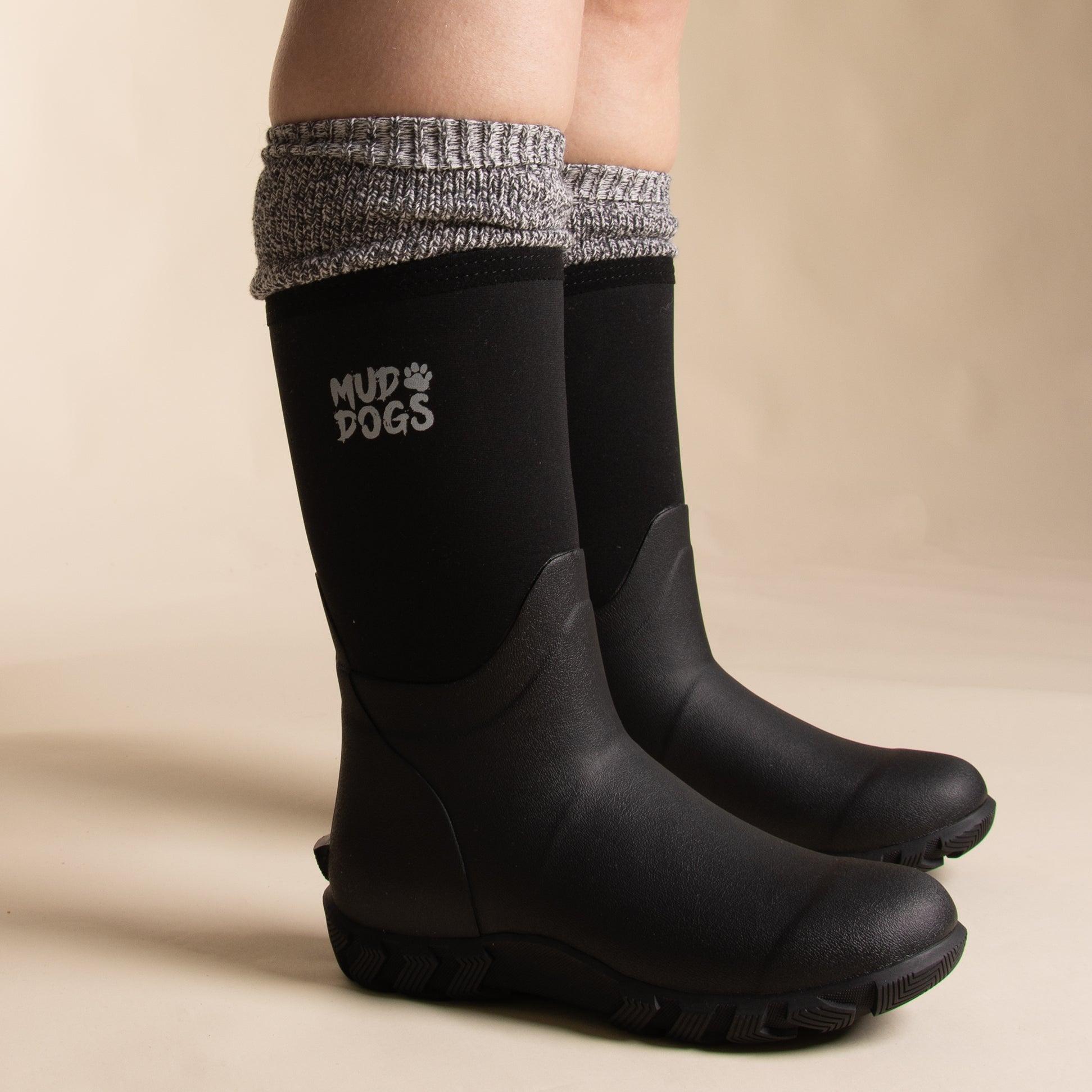 Mud Dogs Womens Welly Boot Socks Grey worn with black boots side view, showcasing the stylish wool blend design.