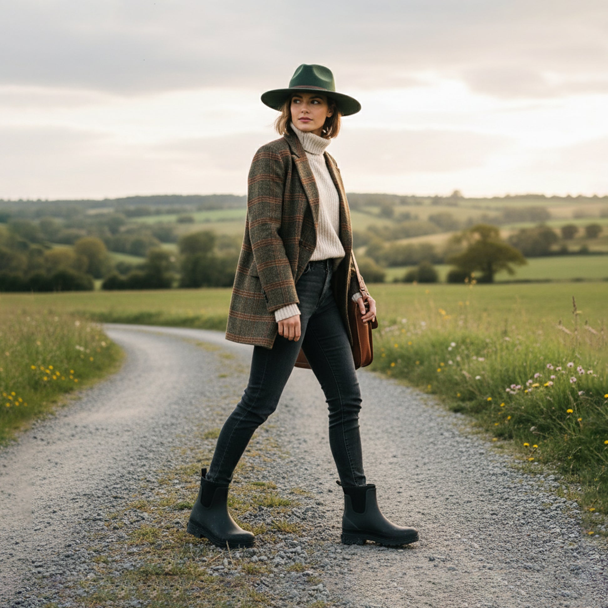 Mud Dogs BROOKE Womens Ankle Neoprene Wellies Black worn by a woman on a country road, showcasing a side view of the stylish boots.