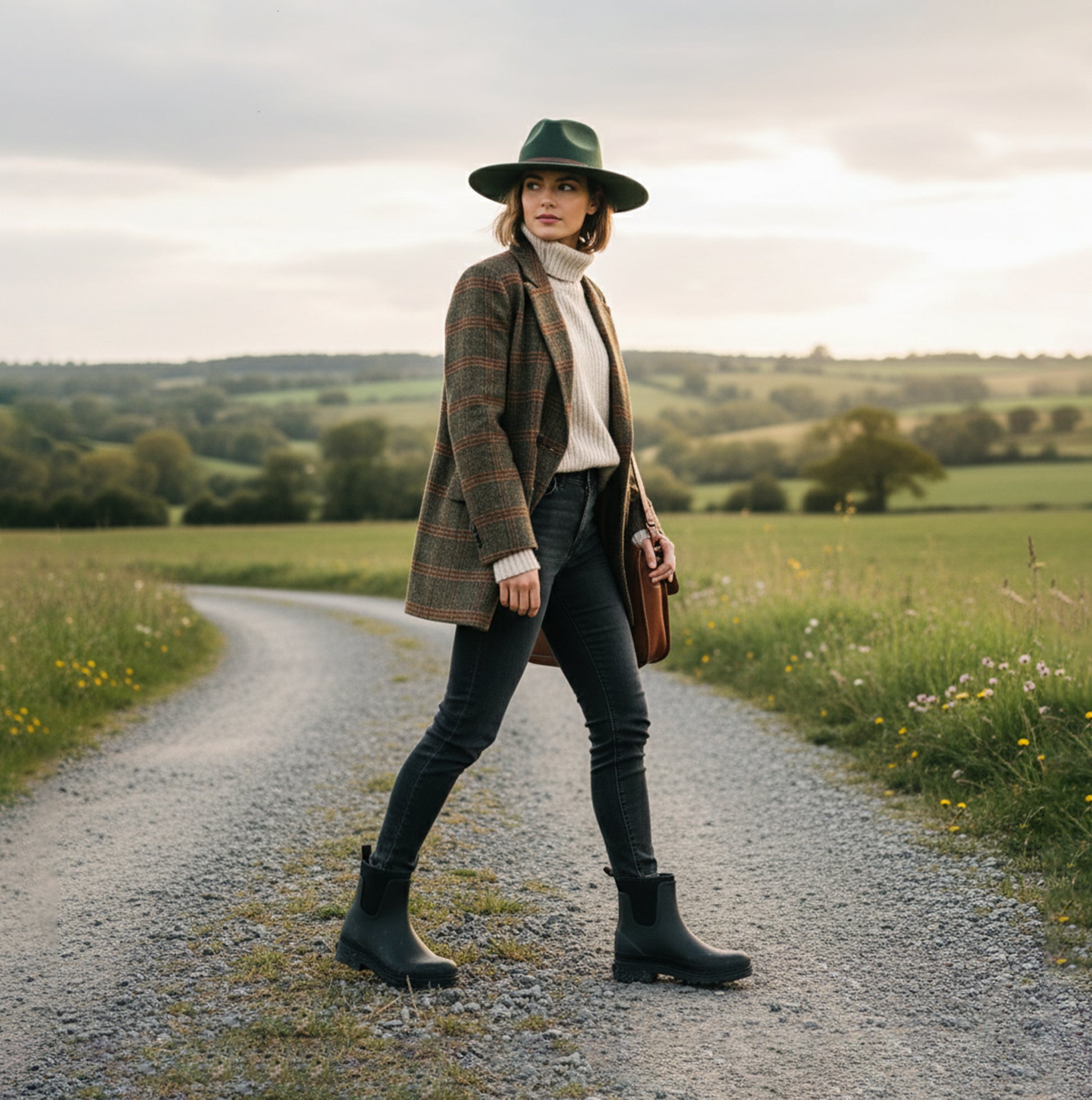 Mud Dogs BROOKE Womens Ankle Neoprene Wellies Black worn by a woman on a country road, showcasing a side view of the stylish boots.