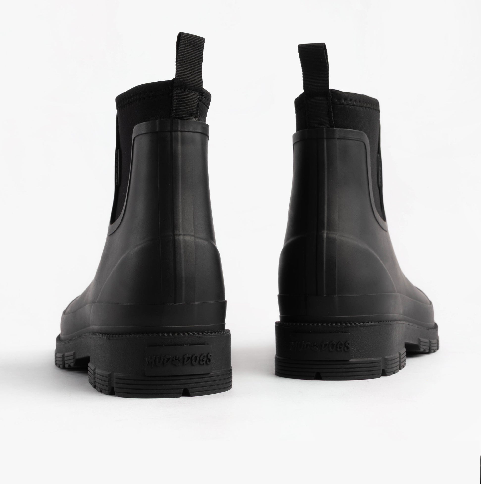 Mud Dogs BROOKE Womens Ankle Neoprene Wellies Black rear view showcasing the rubber design and pull-on feature.