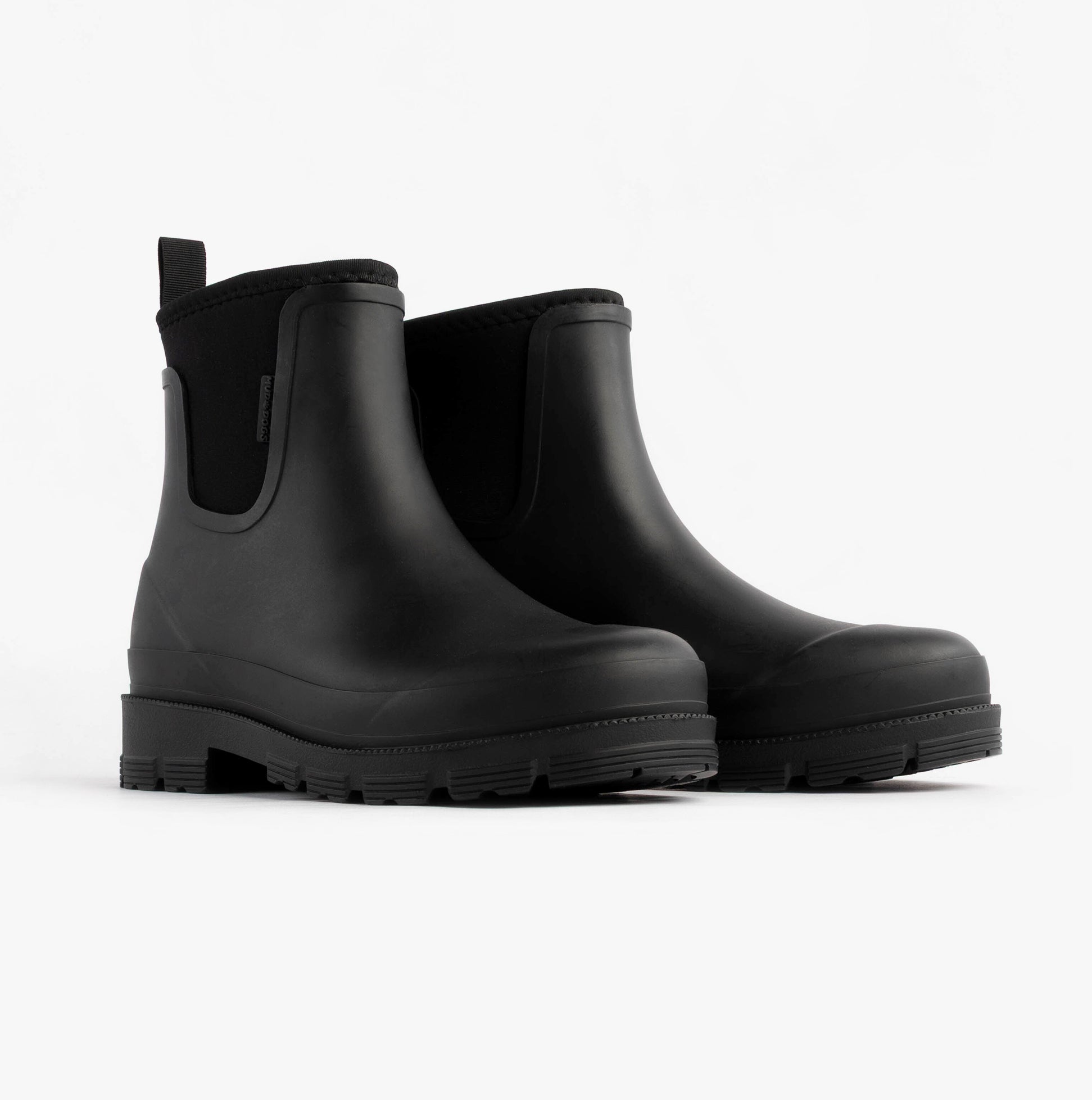 Mud Dogs BROOKE Womens Ankle Neoprene Wellies Black side view showcasing the rubber upper and grip sole.