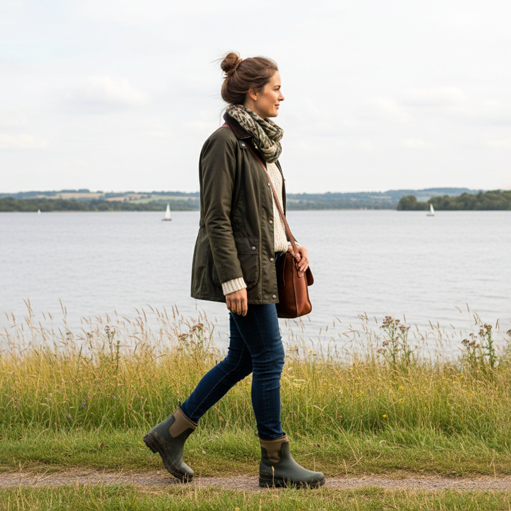 Mud Dogs BROOKE Womens Ankle Neoprene Wellies Dark Green worn by a woman walking by a lake in a side view.