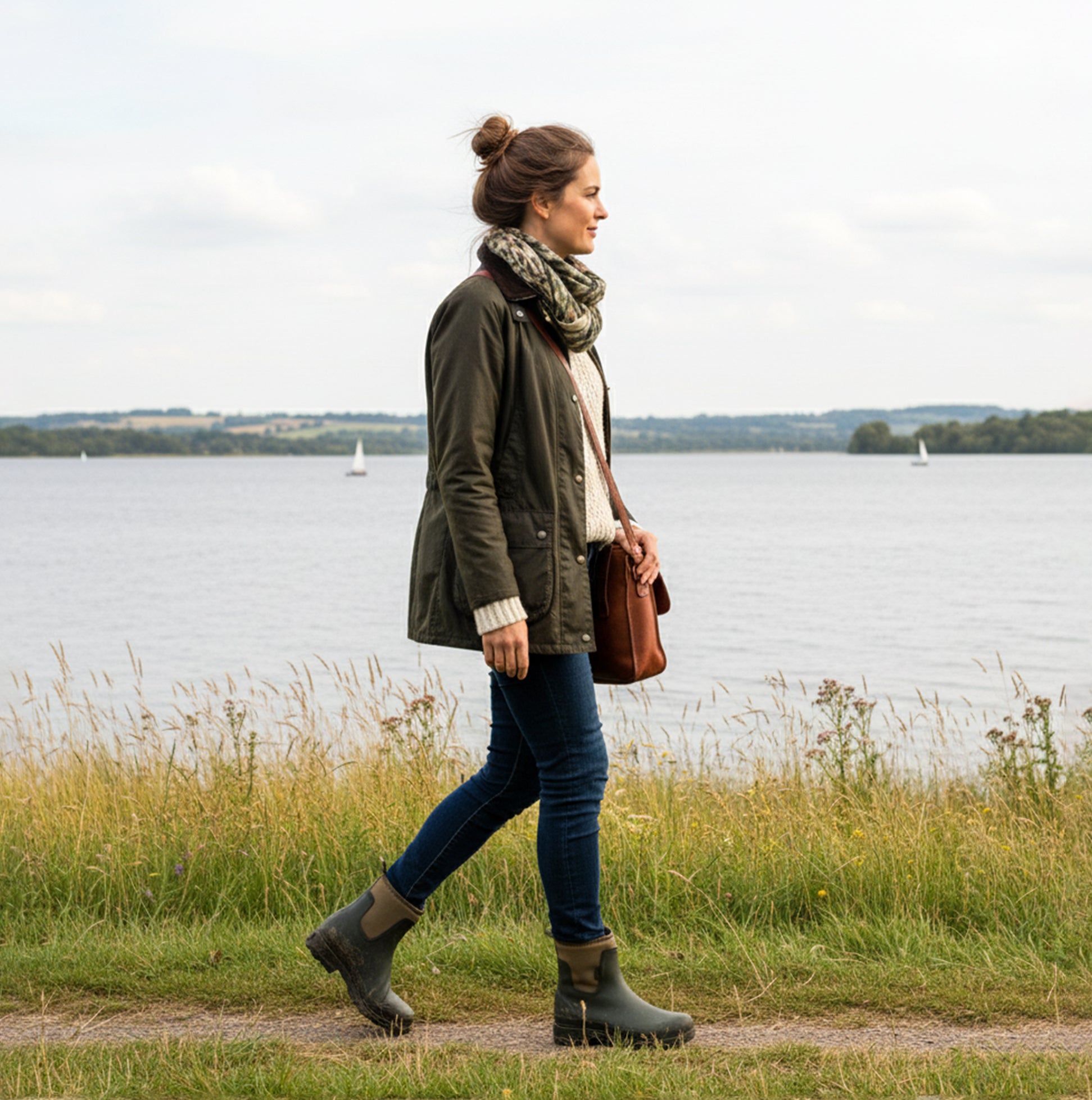 Mud Dogs BROOKE Womens Ankle Neoprene Wellies Dark Green worn by a woman walking by a lake in a side view.