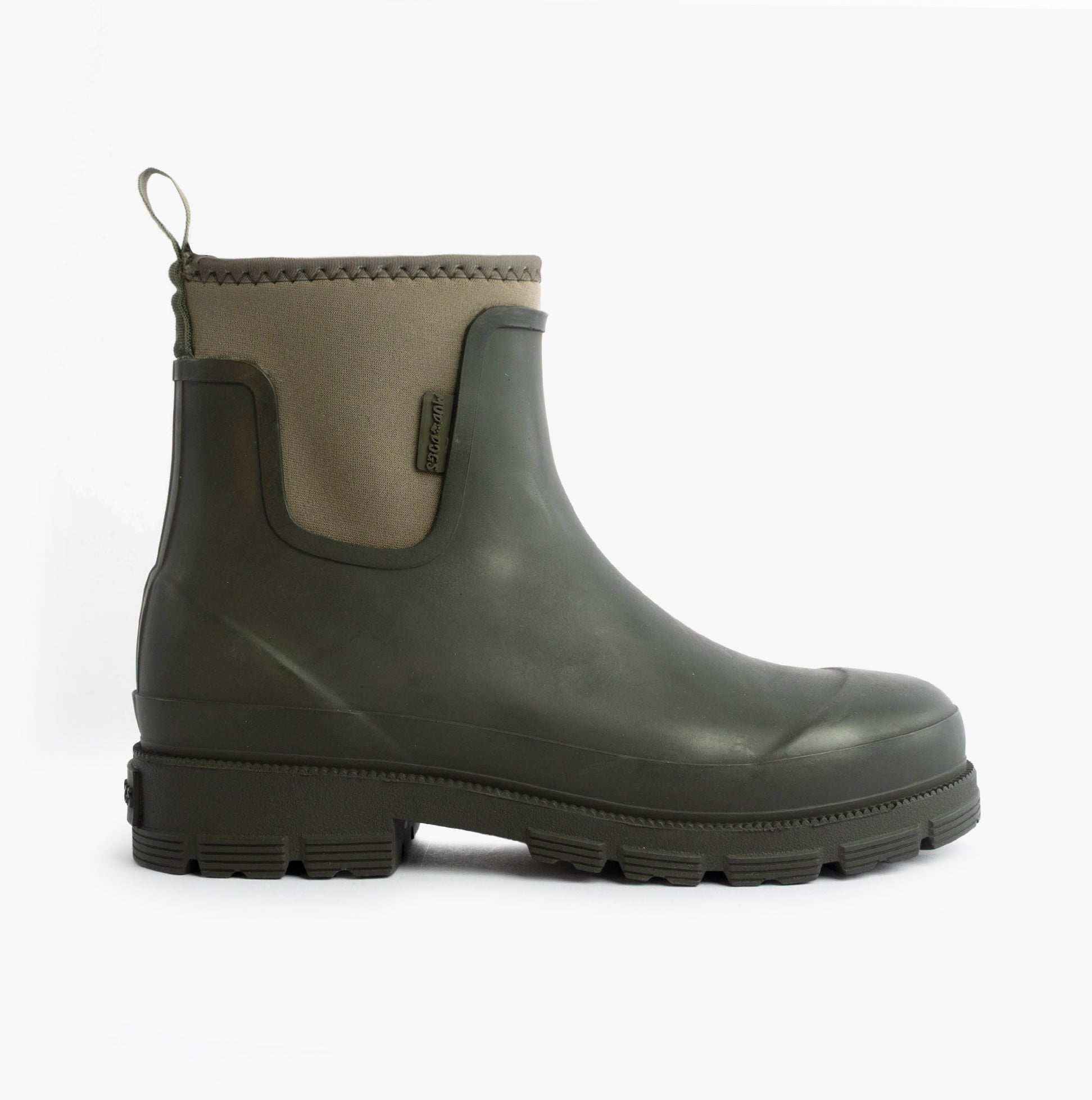Mud Dogs BROOKE Womens Ankle Neoprene Wellies Dark Green side view showing waterproof design and durable rubber sole.
