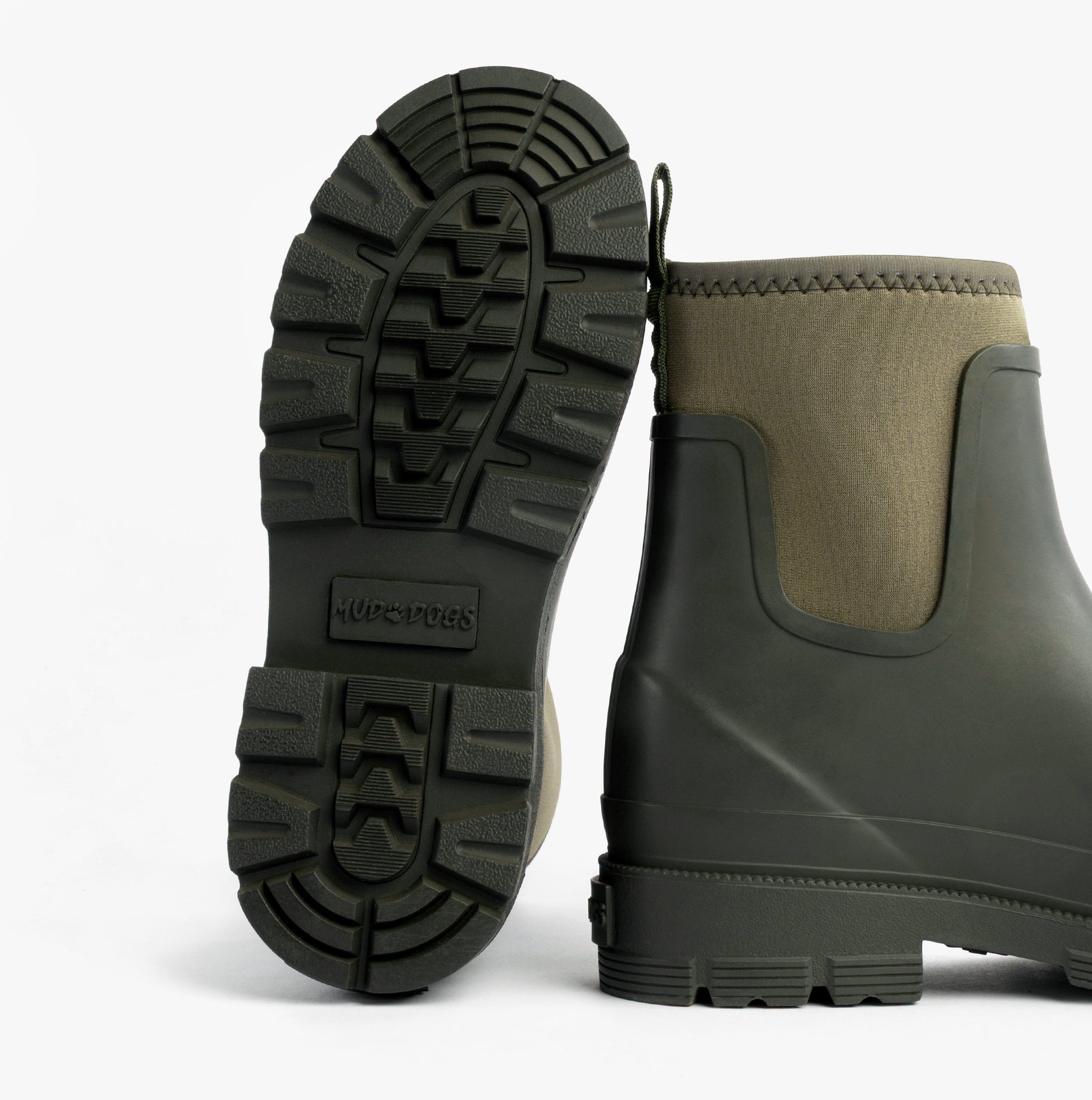 Mud Dogs BROOKE Womens Ankle Neoprene Wellies Dark Green sole view with textured grip and round toe design.