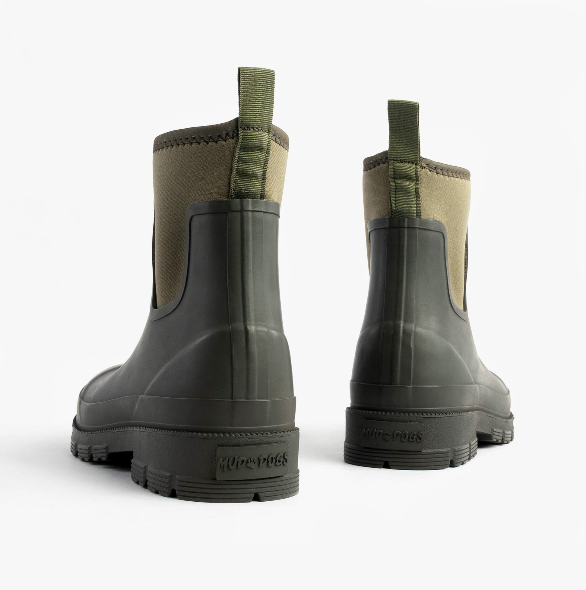Mud Dogs BROOKE Womens Ankle Neoprene Wellies Dark Green rear view showcasing rubber and neoprene construction.