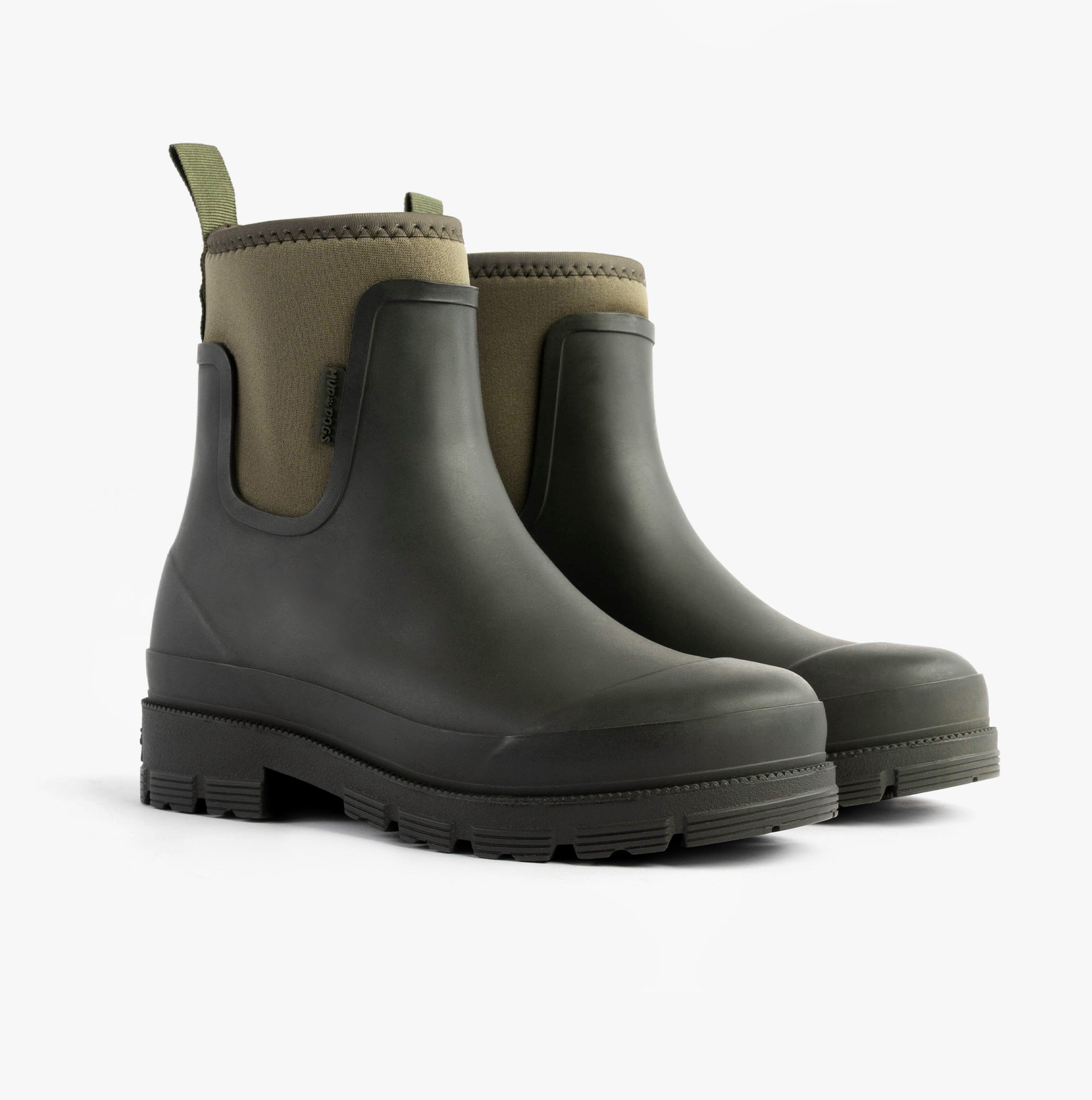 Mud Dogs BROOKE Womens Ankle Neoprene Wellies Dark Green side view showcasing rubber and neoprene construction.
