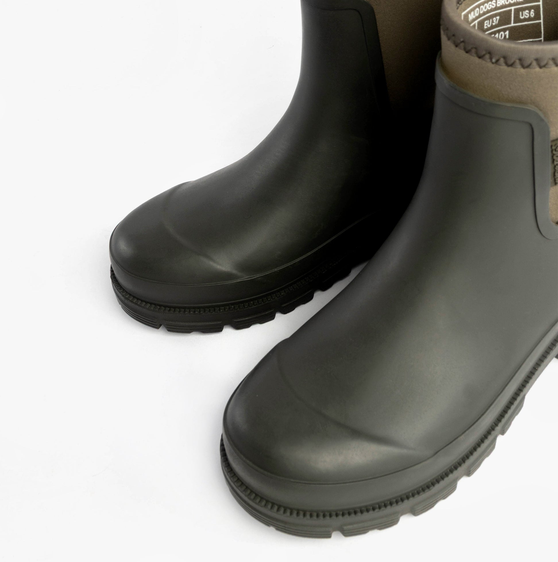 Mud Dogs BROOKE Womens Ankle Neoprene Wellies Dark Green side view detailing rubber toe and grip sole