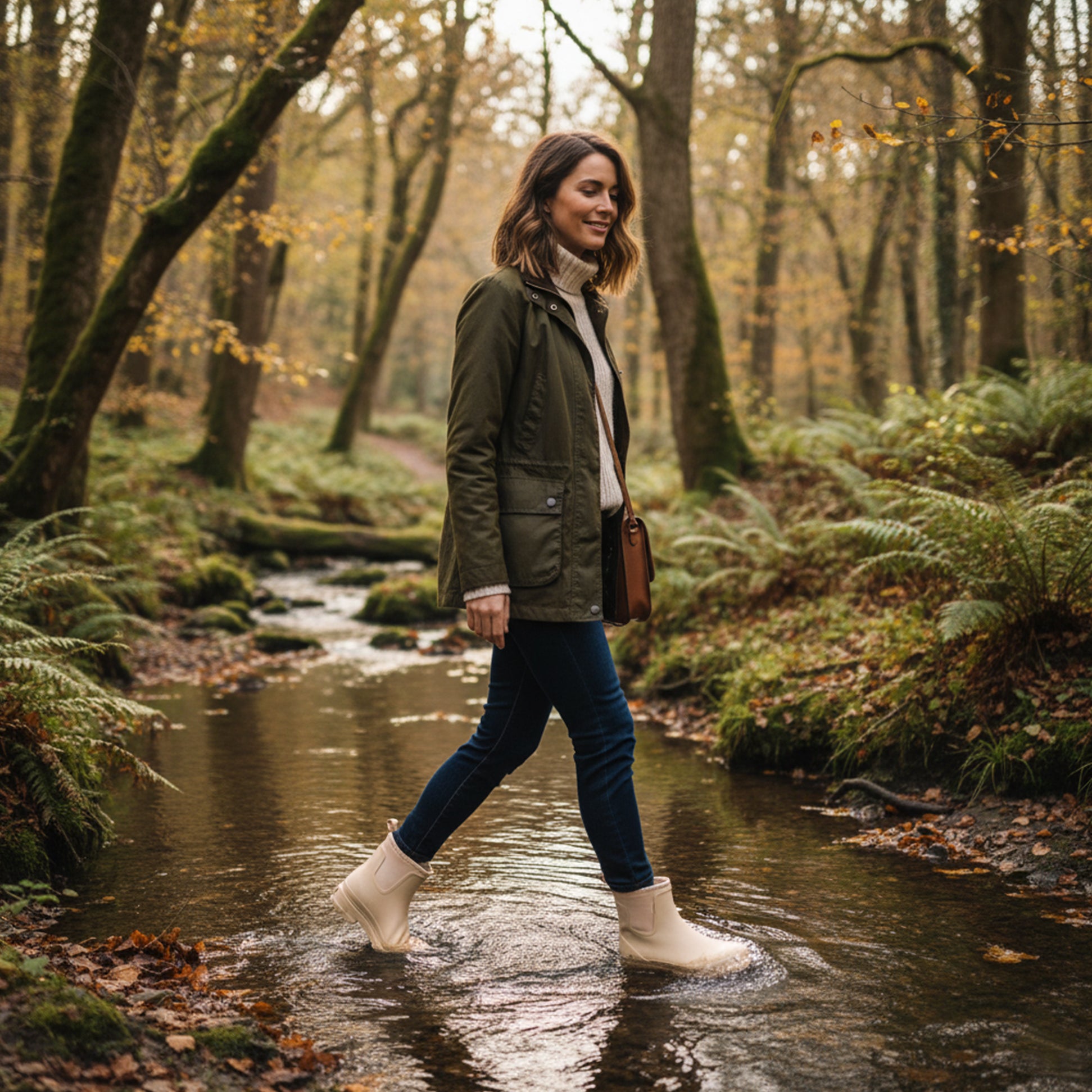 Mud Dogs BROOKE Womens Ankle Neoprene Wellies Mushroom worn by a woman walking through a stream in a forest.