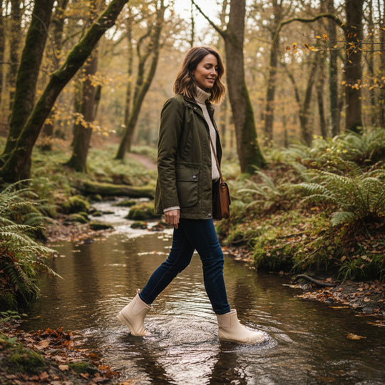 Mud Dogs BROOKE Womens Ankle Neoprene Wellies Mushroom worn by a woman walking through a stream in a forest.