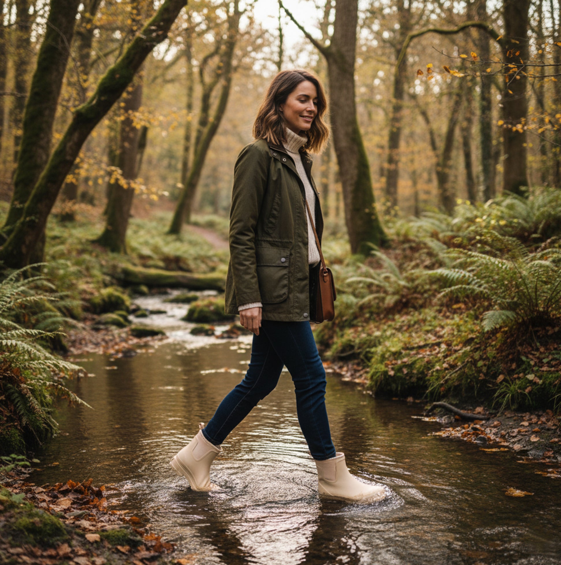 Mud Dogs BROOKE Womens Ankle Neoprene Wellies Mushroom worn by a woman walking through a stream in a forest.