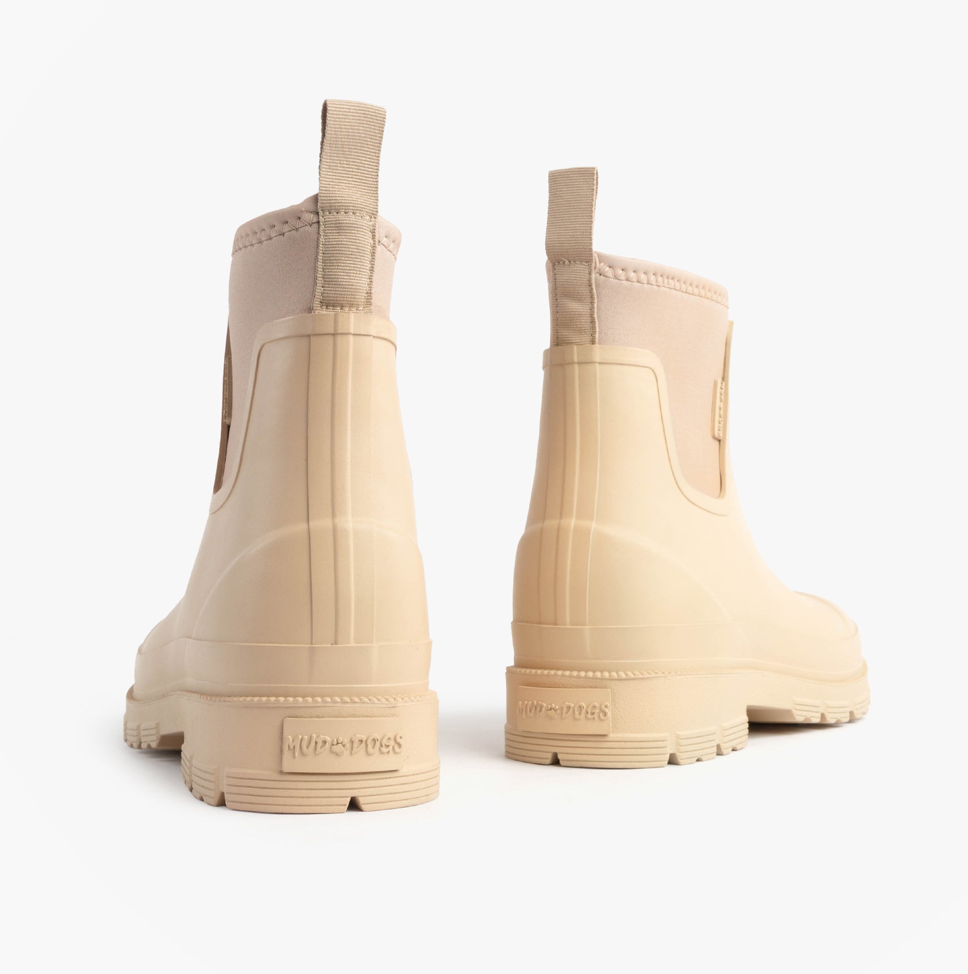 Mud Dogs BROOKE Womens Ankle Neoprene Wellies Mushroom back view showing the rubber sole and ankle height design.