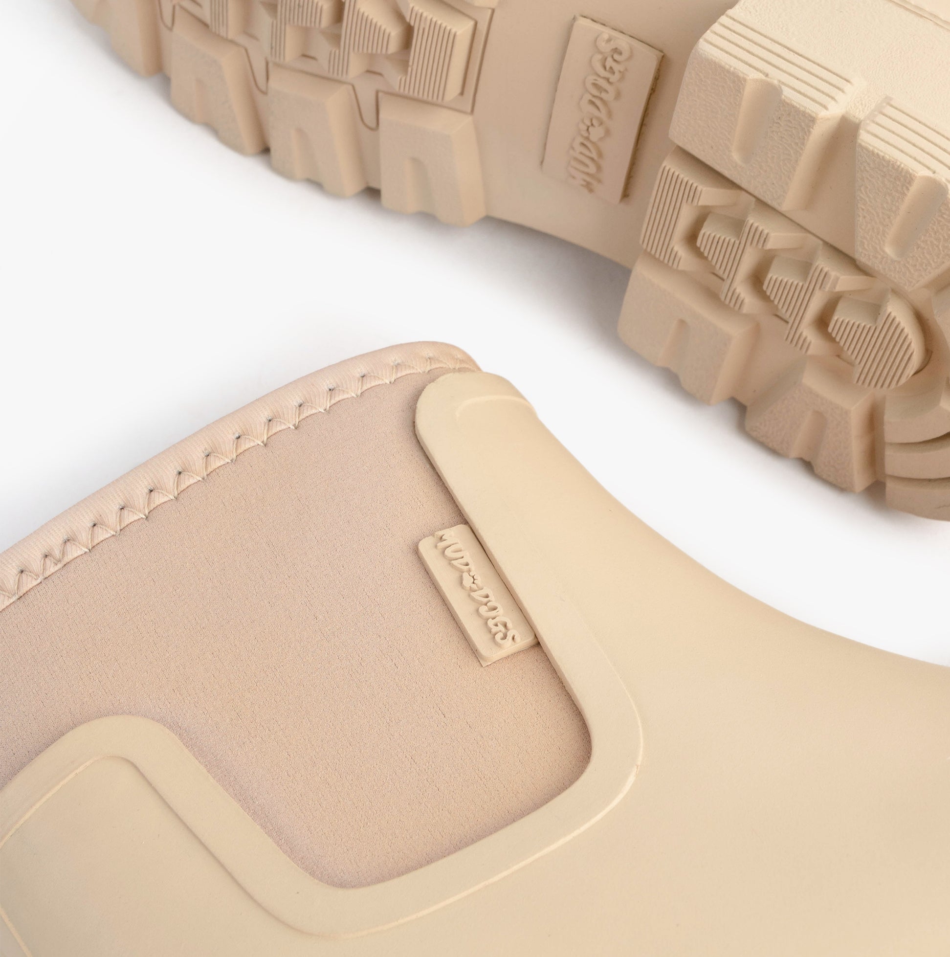 Mud Dogs BROOKE Womens Ankle Neoprene Wellies Mushroom close-up detail view of boot sole and upper material.