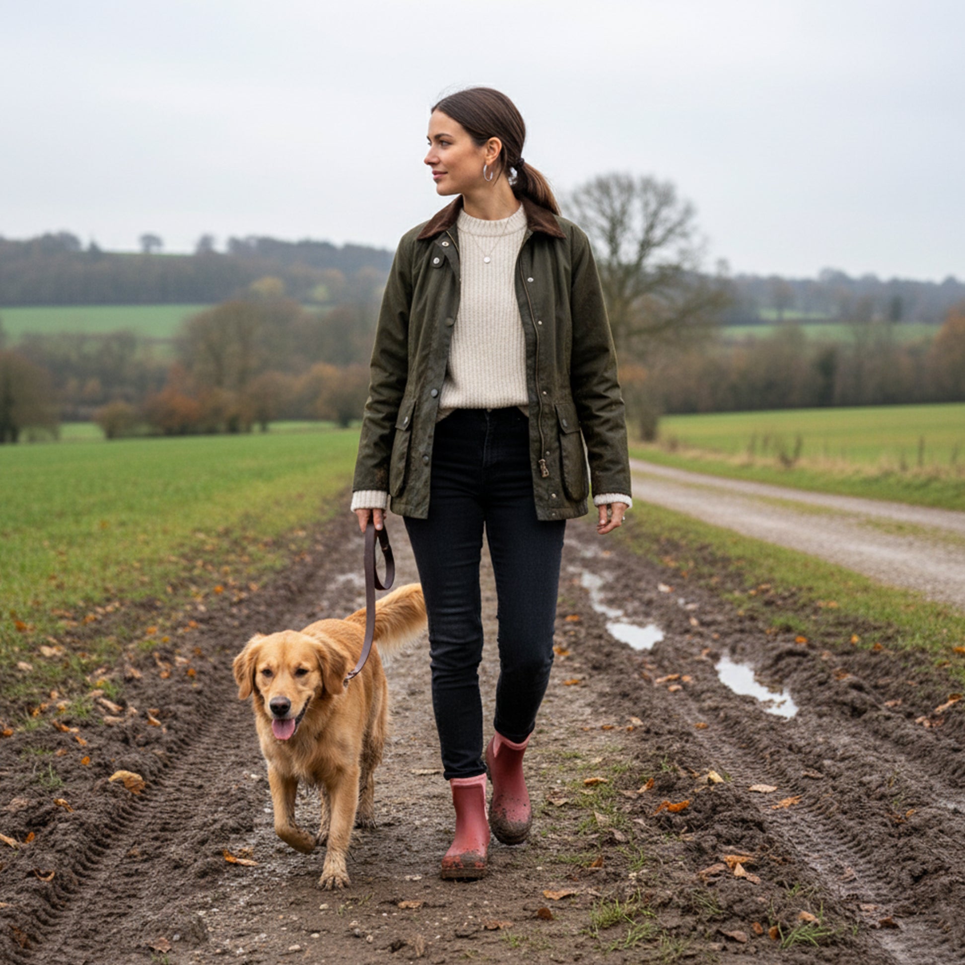 Mud Dogs BROOKE Womens Ankle Neoprene Wellies Pink worn by a woman walking a dog on a rural path.