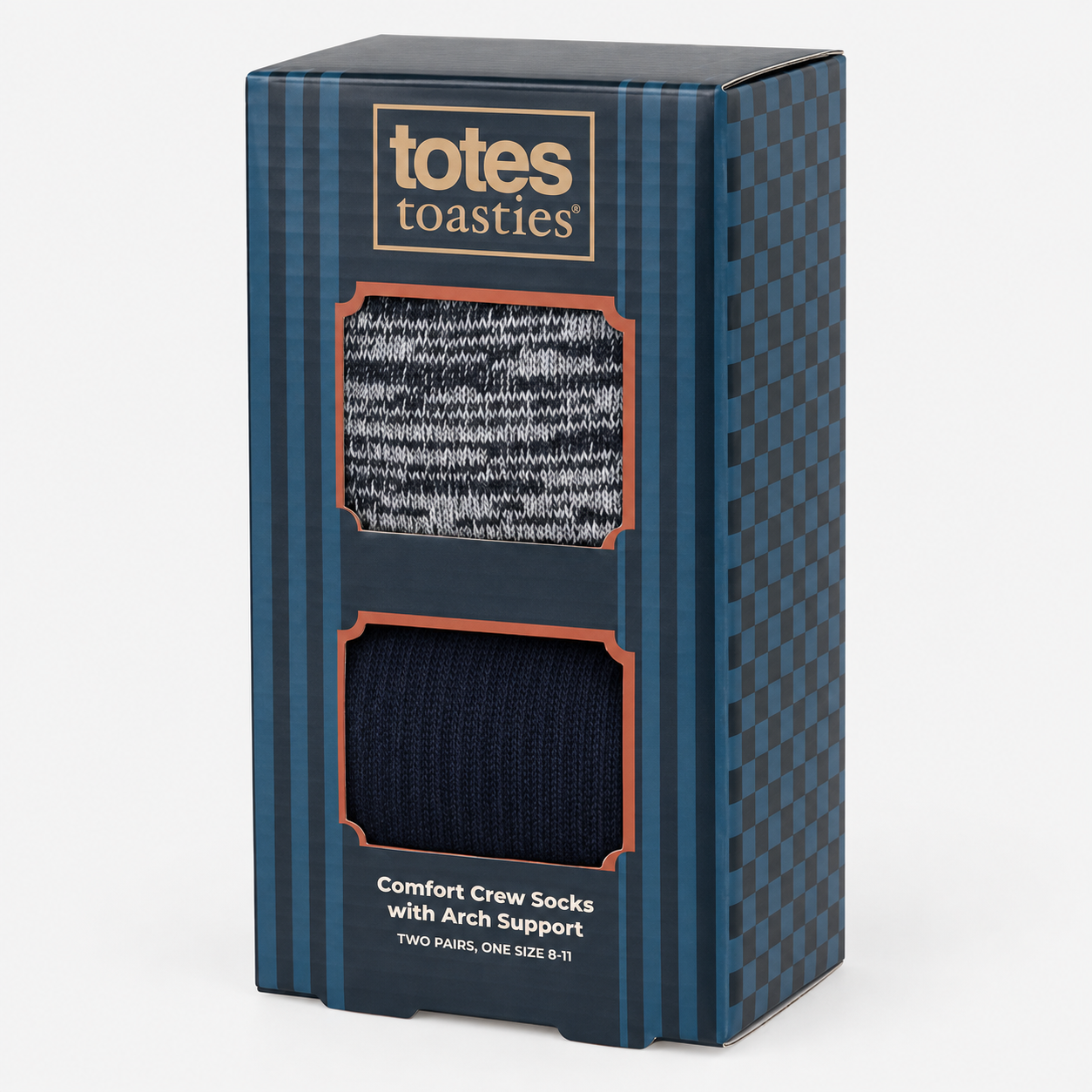Totes Toasties TERRY SOCK WITH ARCH SUPPORT (TWIN PACK) Mens Crew Socks Grey / Navy Mix